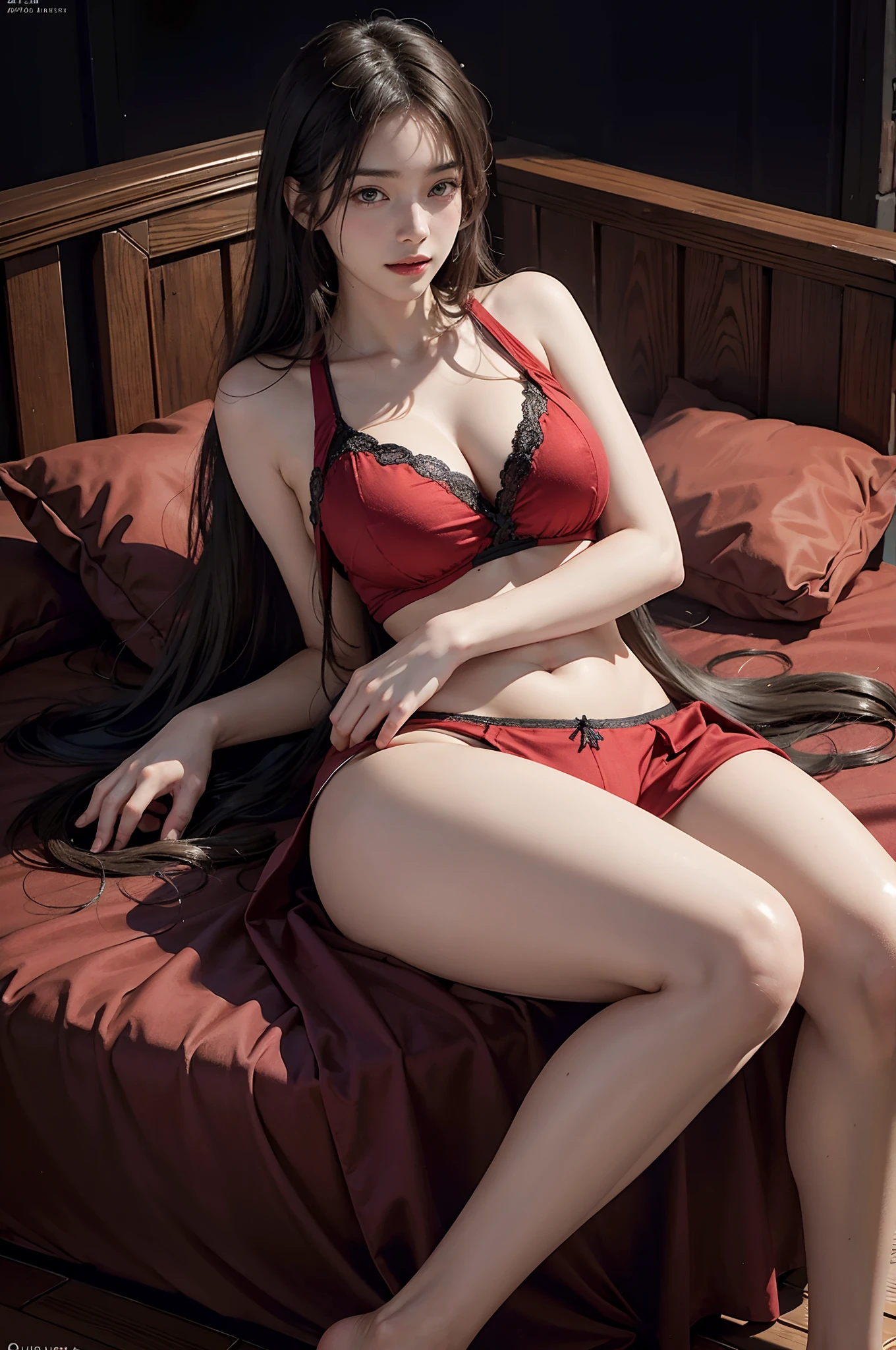 (A hyper-realistic), (illustratio), (hight resolution), (8K), (highly detailed), (The best illustrations), (beatiful detailed eyes), (top-quality), (ultra-detailliert), (masterpiece), (detailed face), droopy eyes,full of sweat, full body, long hair,inner colored,solo,Girl in simple red underwear, huge tits, smile, bed, skinny