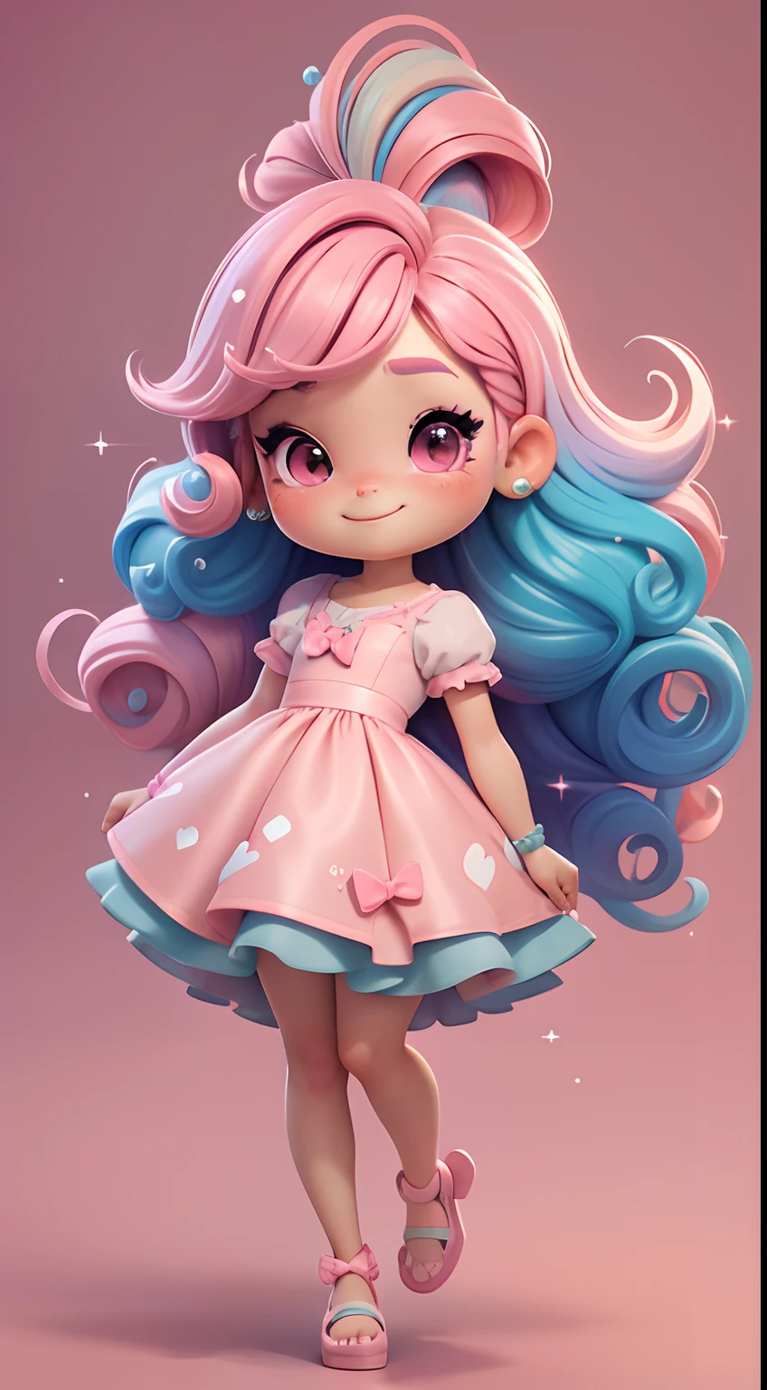 Uma menina chibi, vestido rosa, cabelos grandes, Rainbow hair colors, sapatilhas, pink hair bow, Glitter, sorrir,
