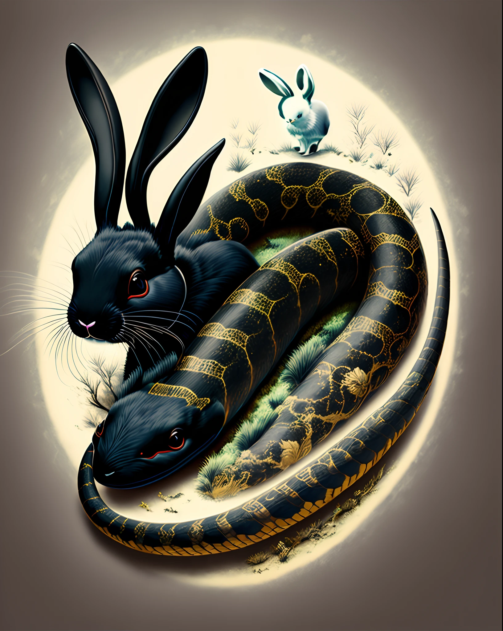 Black serpent with white rabbit