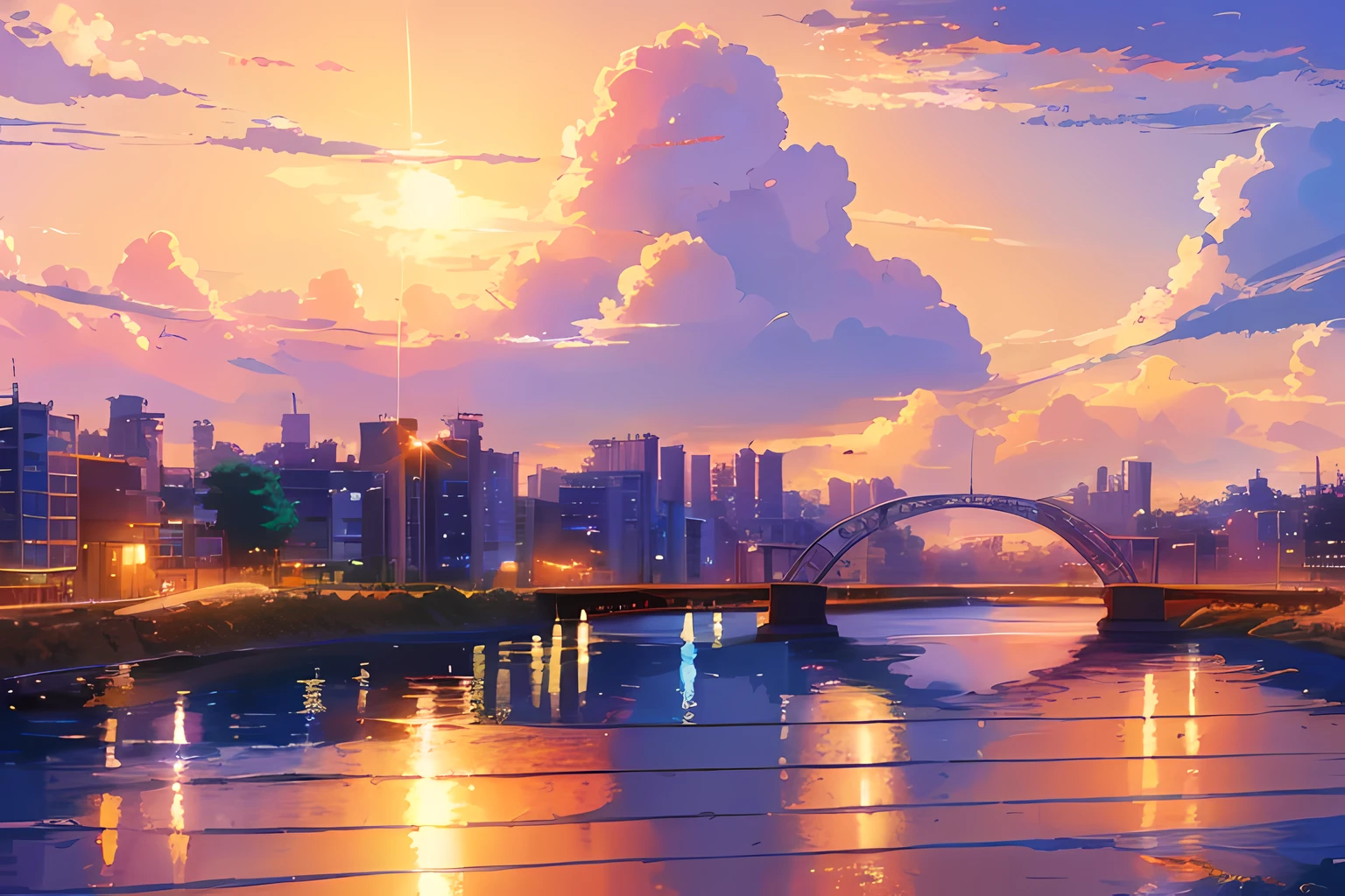 araffe bridge over a river with a ((modern city)) at ((sunny day)) with many clouds in the background, beautiful cityscape, super wide view of a cityscape, city in background, south korea, city backdrop, city in the background, daytime, clouds, city scape, city in backround, pixiv, hd anime cityscape, anime style cityscape, anime scenery concept art, beautiful anime scene, anime art wallpaper 4k, anime art wallpaper 4 k, beautiful anime scenery, anime background art, anime scenery, anime landscape, anime background, painterly, trending in pixiv, award winning, best quality, masterpiece, hd, high resolution, stunning