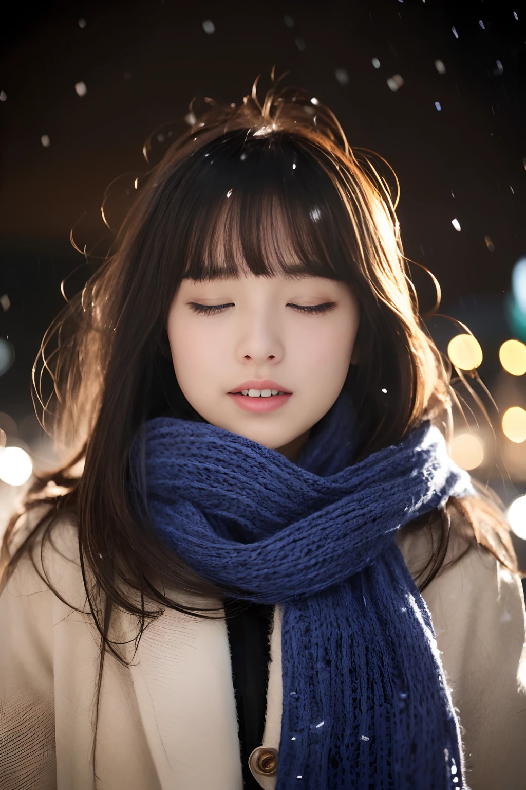 ((no-makeup、Close your eyes、closes mouth:1.2))、(realisitic、Photorealsitic、ultra-detailliert、Highest Details Skins、top-quality、​masterpiece、超A high resolution)、Cute Japan Woman、17 age、hi-school girl、younggirl、1 girl in、I have bangs、二重まぶた、drooing eyes、Japanese style face、purity、double tooth、Realistic skin type、Thick muffler、Grey muffler、fluffy hair、((Hair is inside the scarf:1.3))、Red cheeks、The wind is blowing、It's snowing、natta、illuminations、Lighting from behind