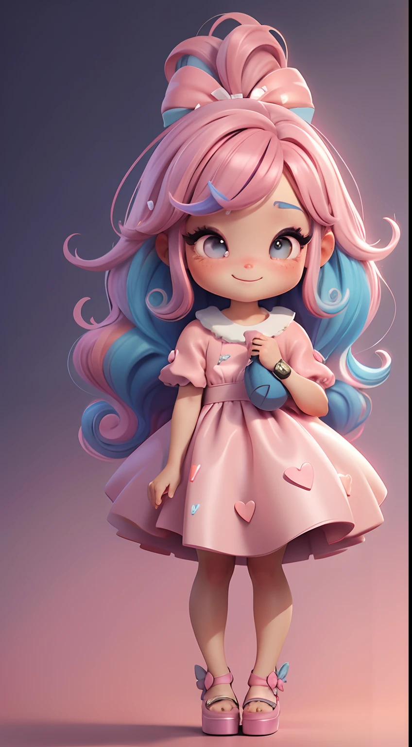 Uma menina chibi, vestido rosa, cabelos grandes, Rainbow hair colors, sapatilhas, pink hair bow, Glitter, sorrir,
