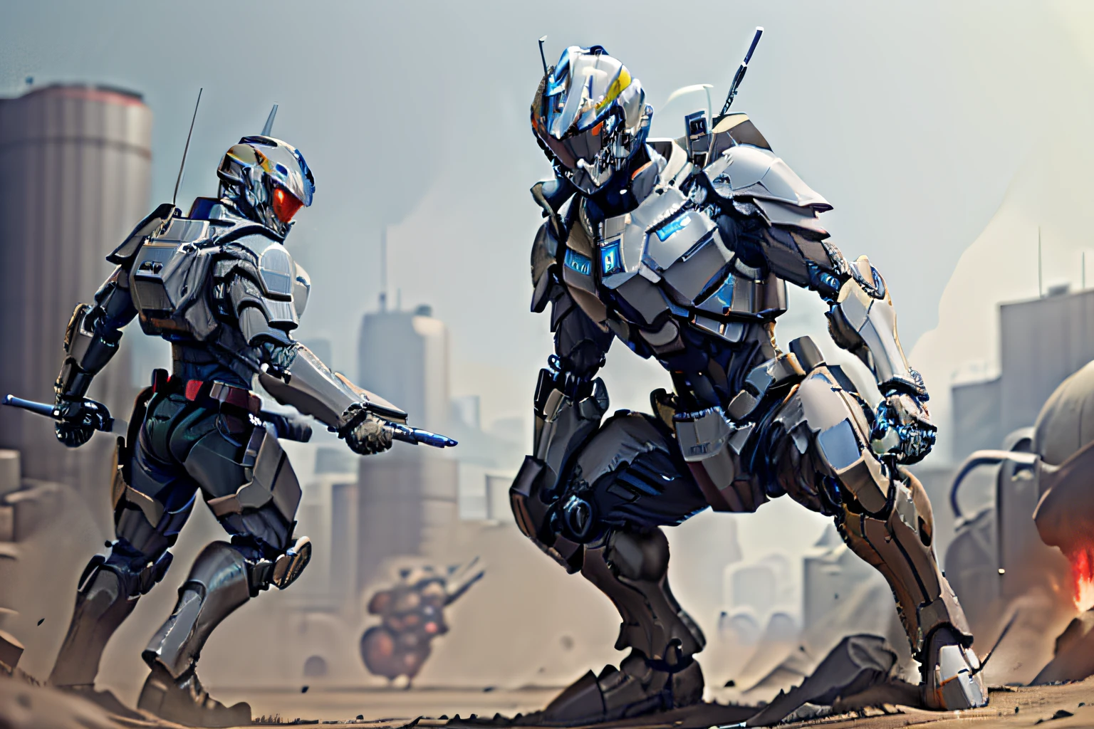 Futuristic Mecha Soldier Regiment vs. Tanks on the battlefield Sci-fi game style The big battlefield faces the red and blue confrontation