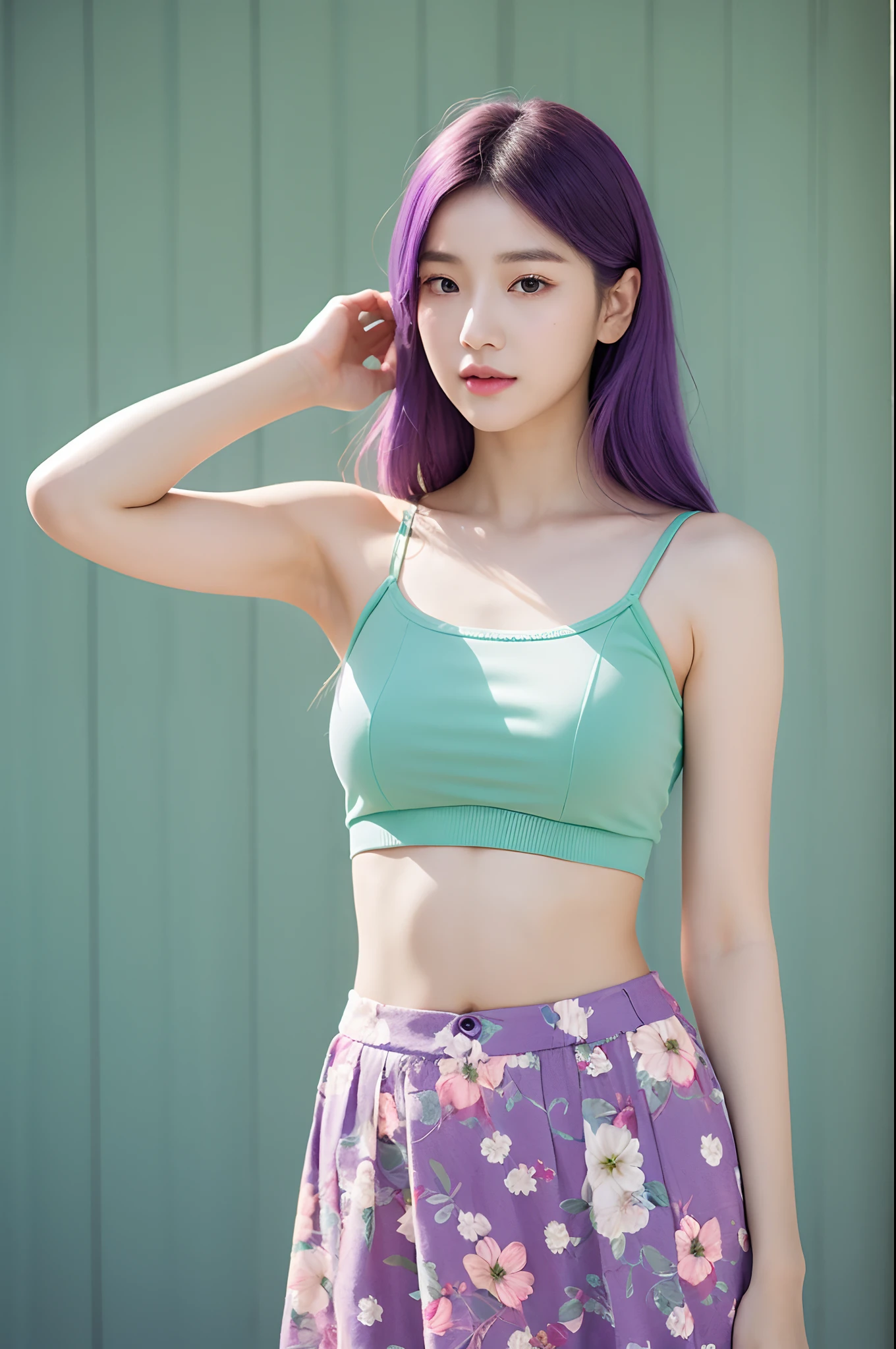 a woman in a floral crop top and mint skirt posing for a picture, croptop, crop top, bralette, wearing white camisole, bae suzy, wearing a camisole, physical : tinyest midriff ever, gorgeous young korean woman, heonhwa choe, cutecore, lulu chen, reluvy5213, light purple hair