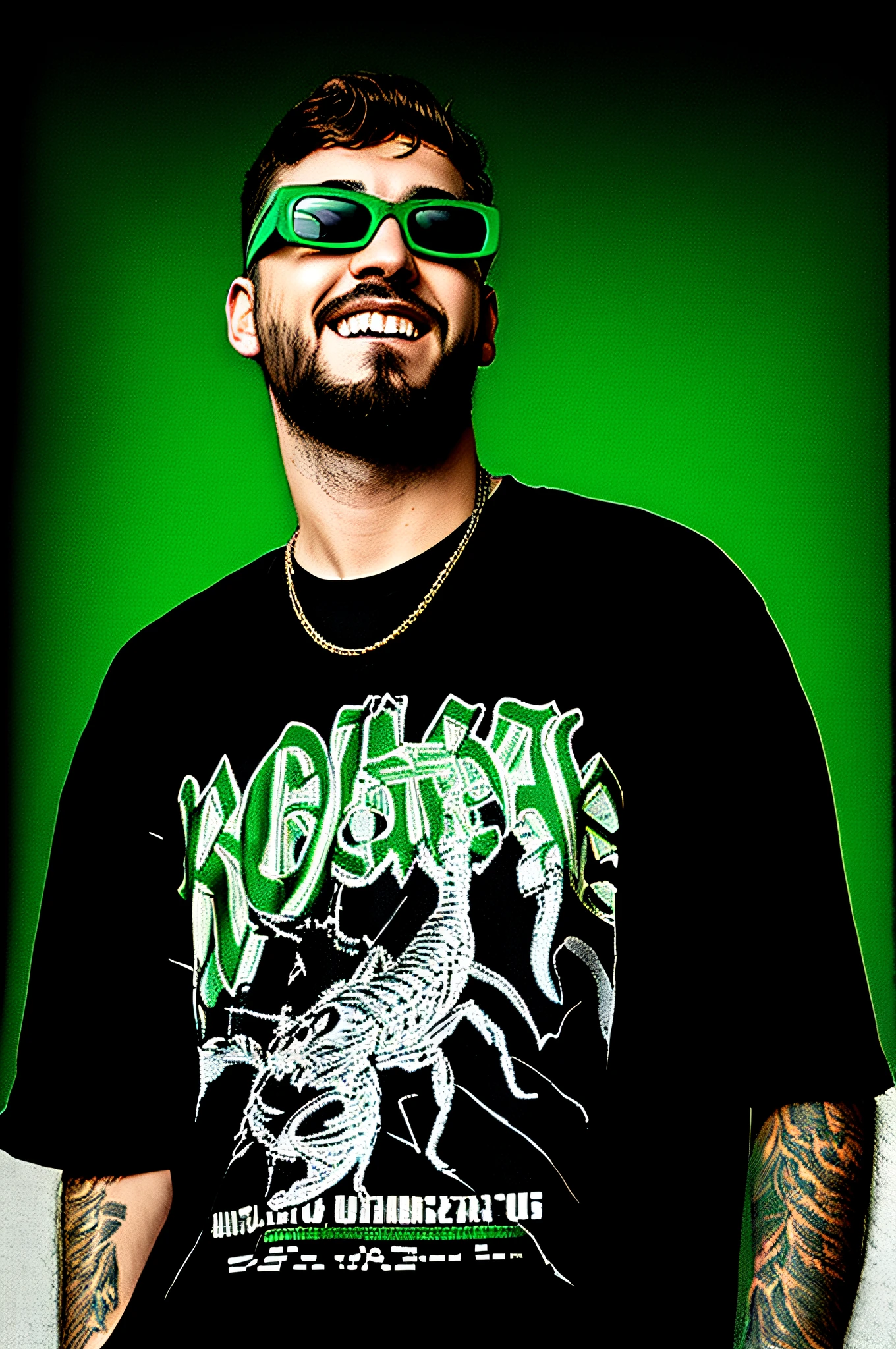 Man with sunglasses and a black shirt with a green dragon, Retrato de Crazy Post Malone, conejito malo, Retrato a mitad de plano, Ilustraciones oficiales, Retrato de alta calidad, inspirado por Ion Andreescu, jacksepticeye, imagen vertical, Retrato medio, Llevar ropa de calle cyberpunk, mrbeast, En el estilo Jordan Grimmer, The Last Portrait of Mac Miller