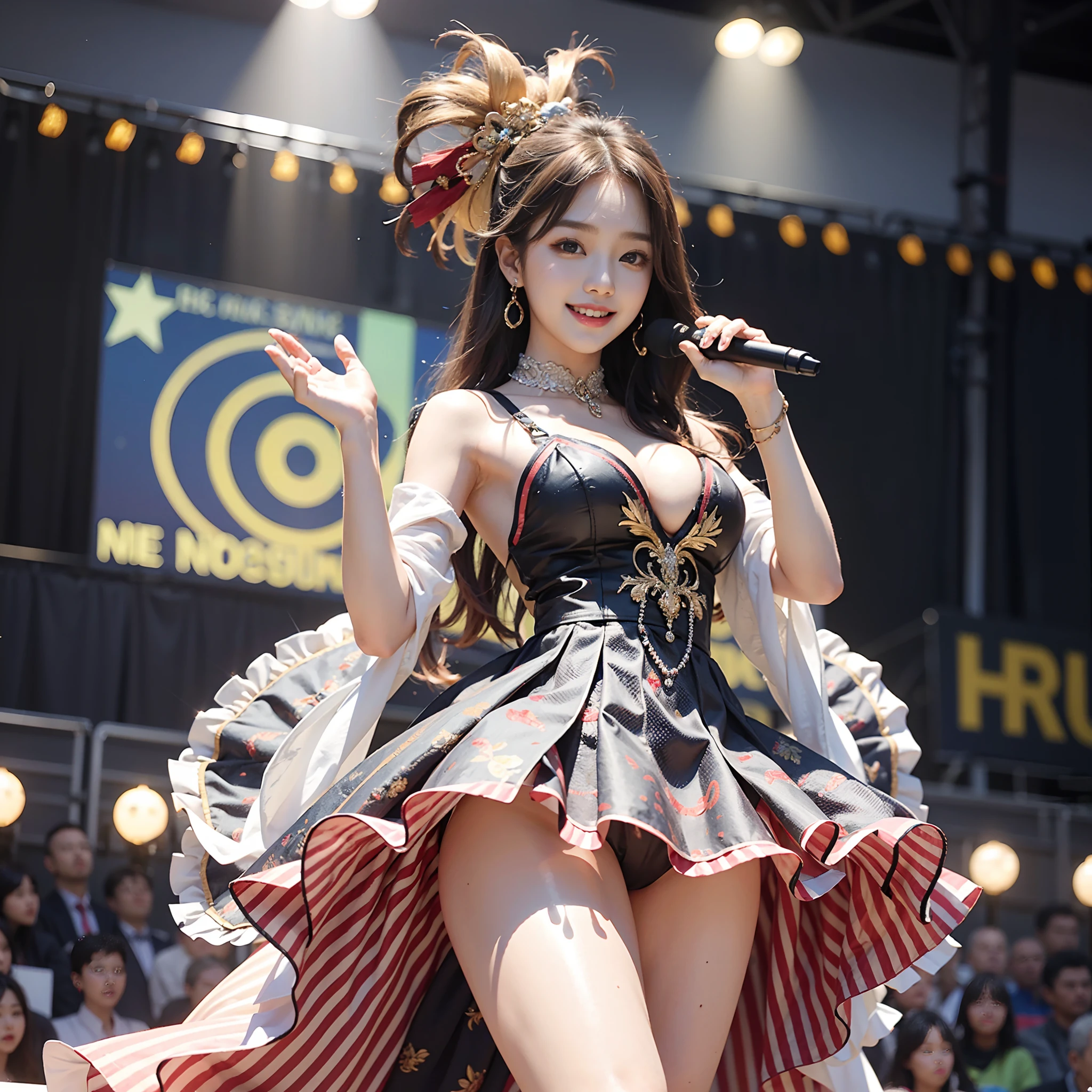 8k, highest quality, high resolution, realistic, real person, live stage with a large audience, one girl, young and cute korean idol, ((KARA)), big, long and beautiful legs, dancing violently in various poses while smiling on stage, holding microphone in hand, revealing gorgeous costume, beautiful light up