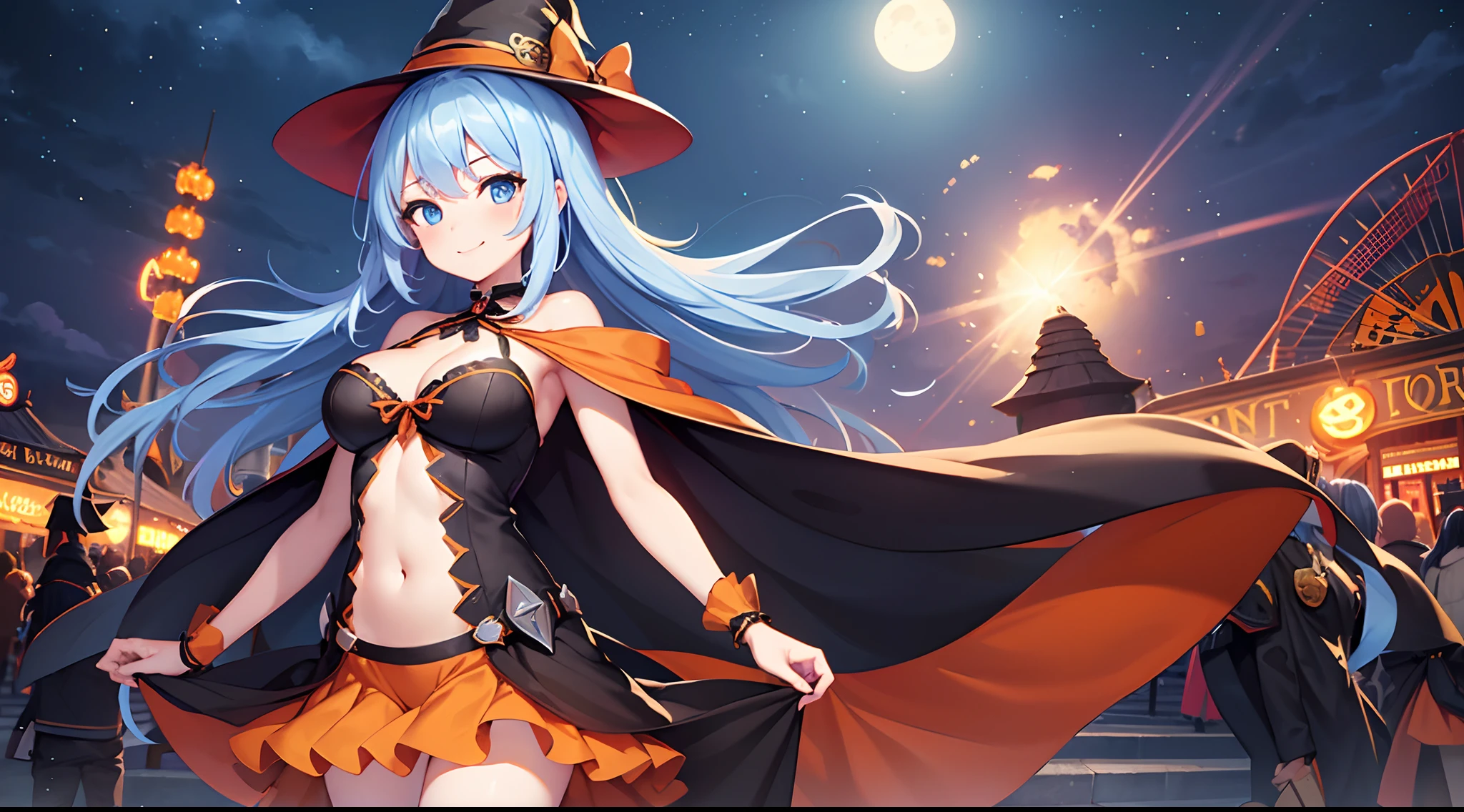 1 girl, game CG, orange mini dress, visible cleavage, visible shoulders, visible navel, black witch hat, cloak, orange panties, string hair ribbon, gigantic breasts, light blue hair, middle hair, two side up, blue eyes, smile , one arm raised, night, amusement park, Halloween background,