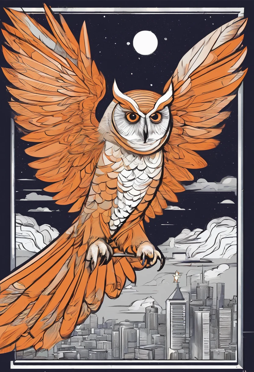 Logo, minimalism, Outlines, Outline of an owl, The Owl Is Flying, the background is black, Outline white near owl falling book, Outline of the book orange,