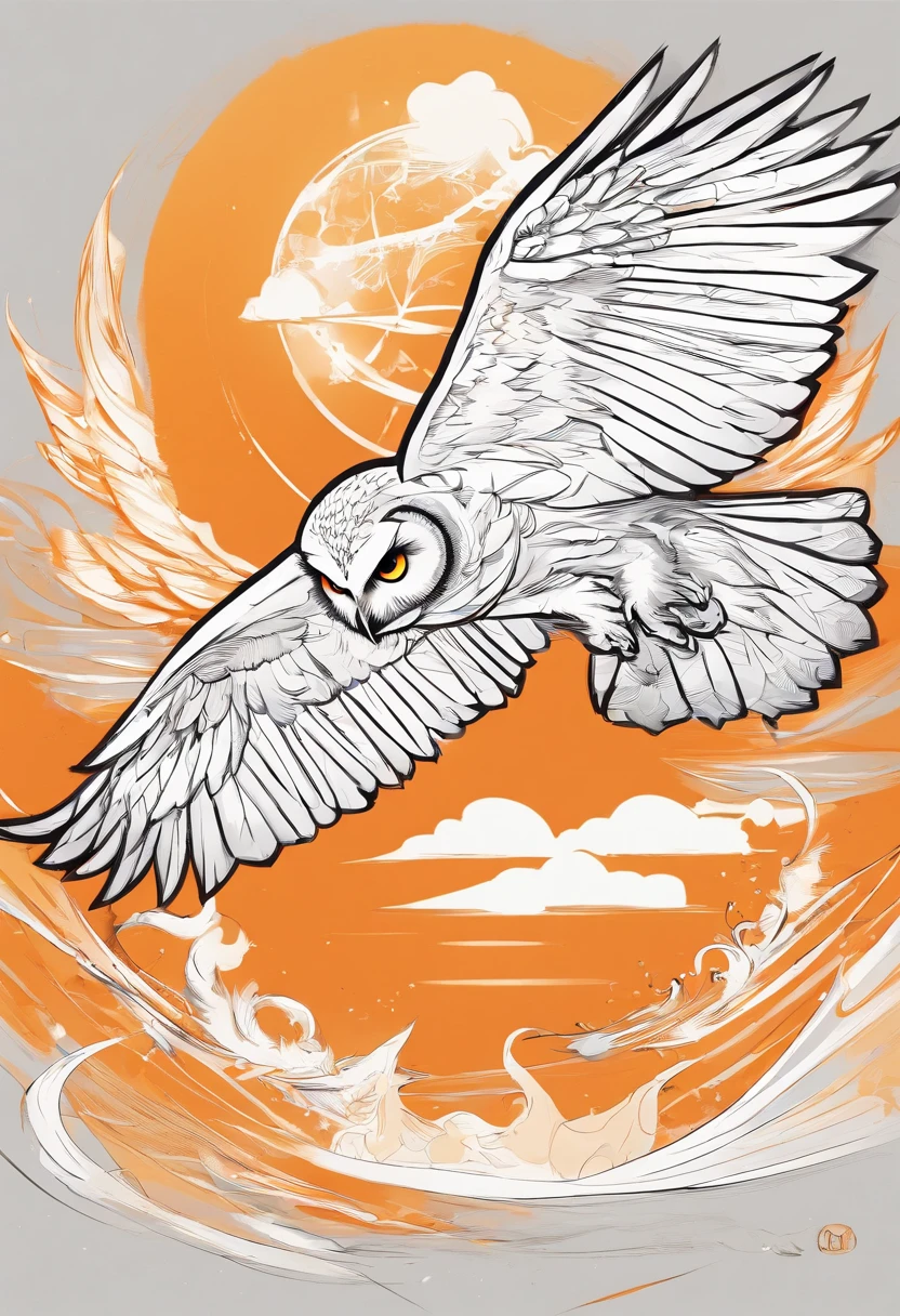 Logo, minimalism, Outlines, Outline of an owl, The Owl Is Flying, the background is black, Outline white near owl falling book, Outline of the book orange,