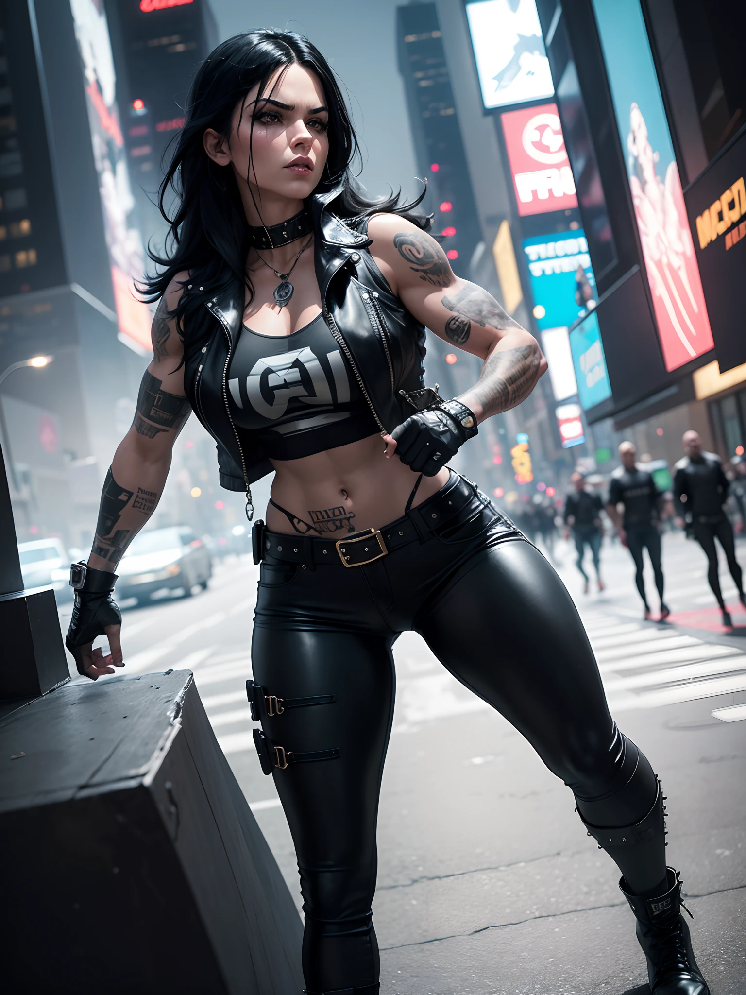 in NYC, Times Square, 25 year old woman in wolf style, from DC comics, with dreadlocks, intergalactic anti-heroine, known for her cruelty and sarcastic behavior.. He is depicted as an alien humanoid with pale white skin.., long black dreadlocks, and super muscular physique in tight black leather pants.. His bright red eyes give him a menacing appearance..... Often dressed in an open black leather vest.., Tight pants, and heavy boots, he has a punk rock look. With tattoos and scars all over my body, emphasizing his seasoned character.,