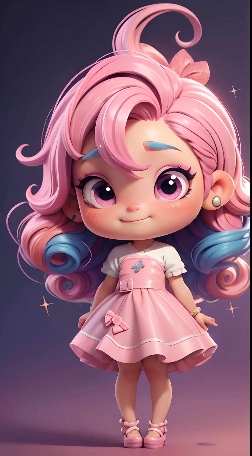 Uma chibi, vestido rosa, cabelos grandes, Rainbow hair colors, sapatilhas, pink hair bow, Glitter, sorrir,