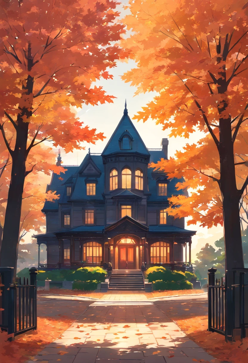 A maple shaped frame which contain "A Mansion, black Silhouette, maple leaf, autumn scenery"