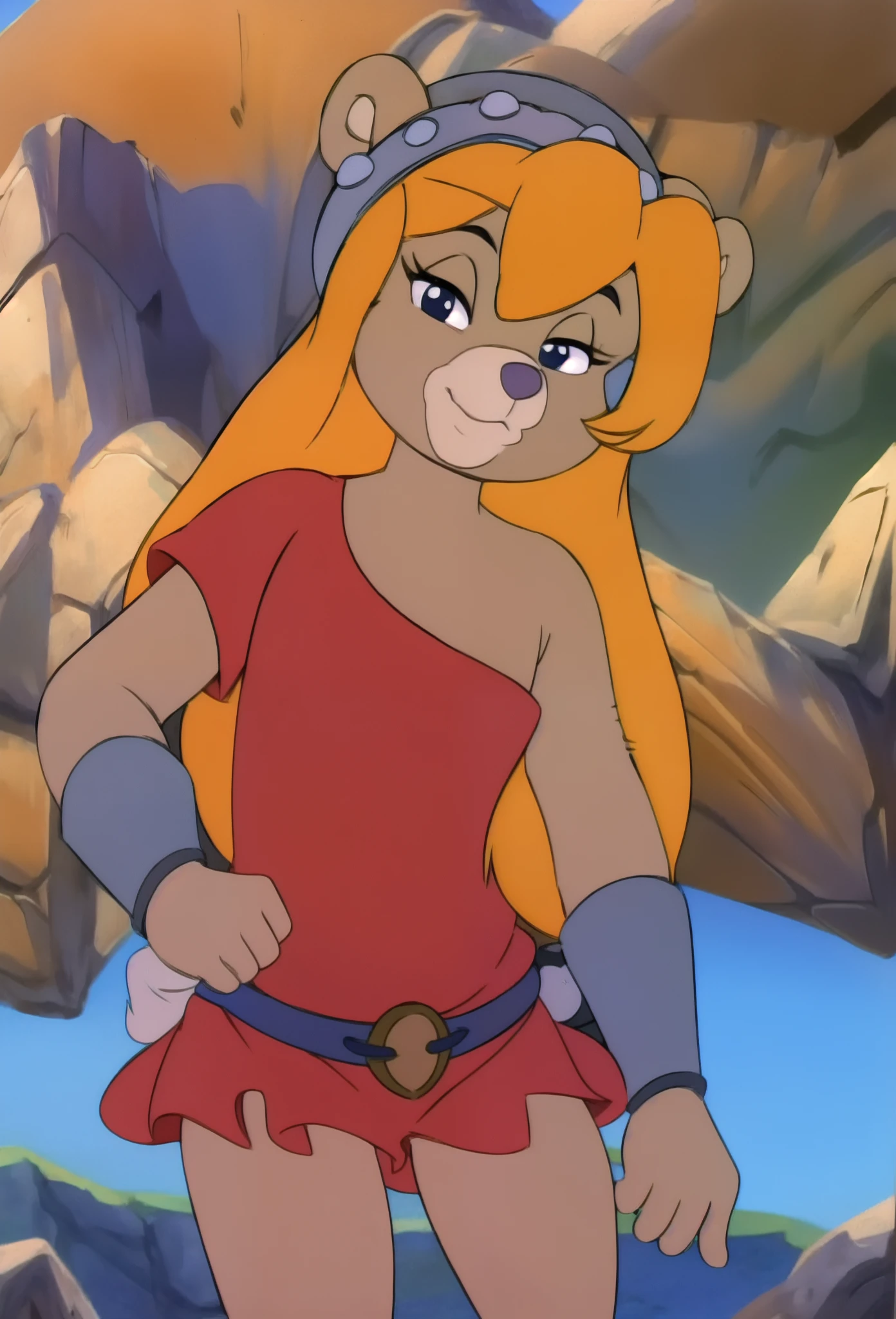 ursa_barbic, gummi_bears, bear, female, short stack, blonde hair, medium breasts, red clothing, dress, off shoulder, helmet, bracers, belt, belt pouch, looking_at_viewer, happy, narrowed eyes, masterpiece, best quality, forest, field, clear sky, :3, sassy face, anime style, detailed body fur, detailed face, detailed eyes, glistering body, shiny body, skinny, holding a spear, warrior stance,