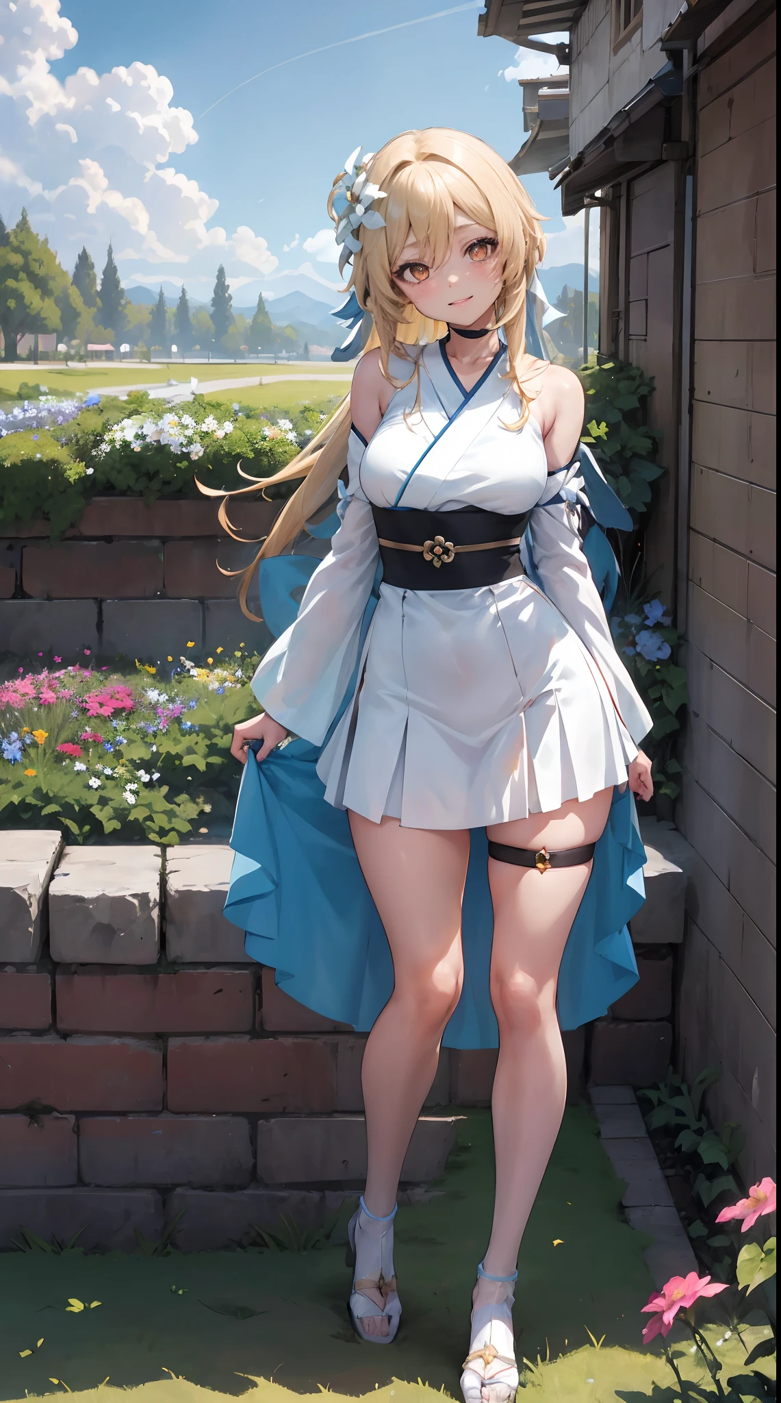 Lumine | genshin impact, master-piece, bestquality, 1girls,25 years old, proportional body, proportional., long-haired, Wear Hanbok, mediuml breasts, ,bara, choker, Standing in the middle of a flower garden, outdoor, The sky is beautiful, arm behind back, against wall, View viewers from the front., Thigh strap, Head tilt, bored, 10, 10, HD, slight smile,