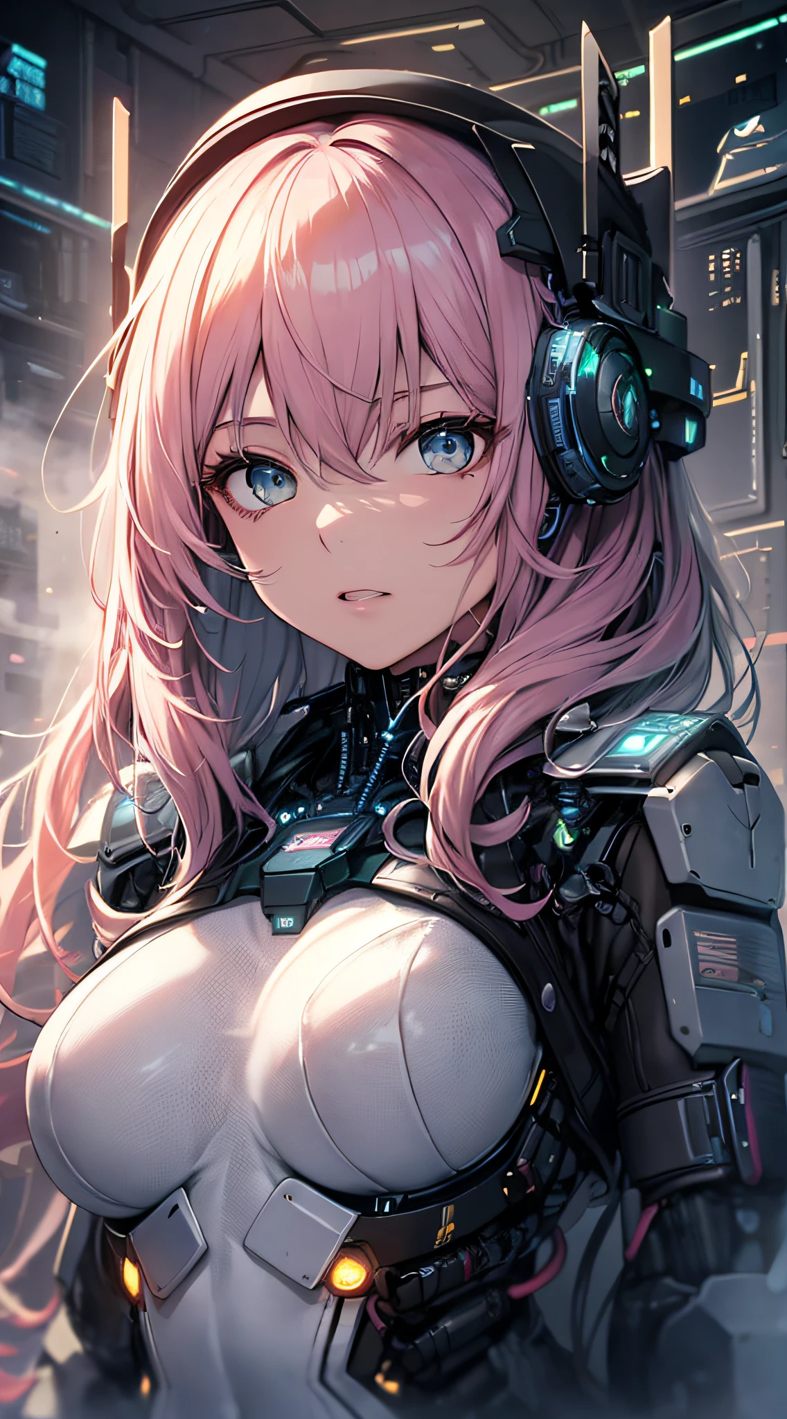 Ghibli style,future world,Sci-fi architecture,A beautiful cyberpunk female image，Perfect proportion,Green pupils,Pink Hair,Standing，Front view，bust, ((Best quality)), ((masterpiece)), (detail:1.4),Maximum clarity and clarity,Multi-layered textures,Albedo and specular map surface shading,Accurate simulation of light-material interactions,Perfect proportion,Two-color light,Large aperture,Low ISO,White Balance,Rule of Thirds,8K RAW，