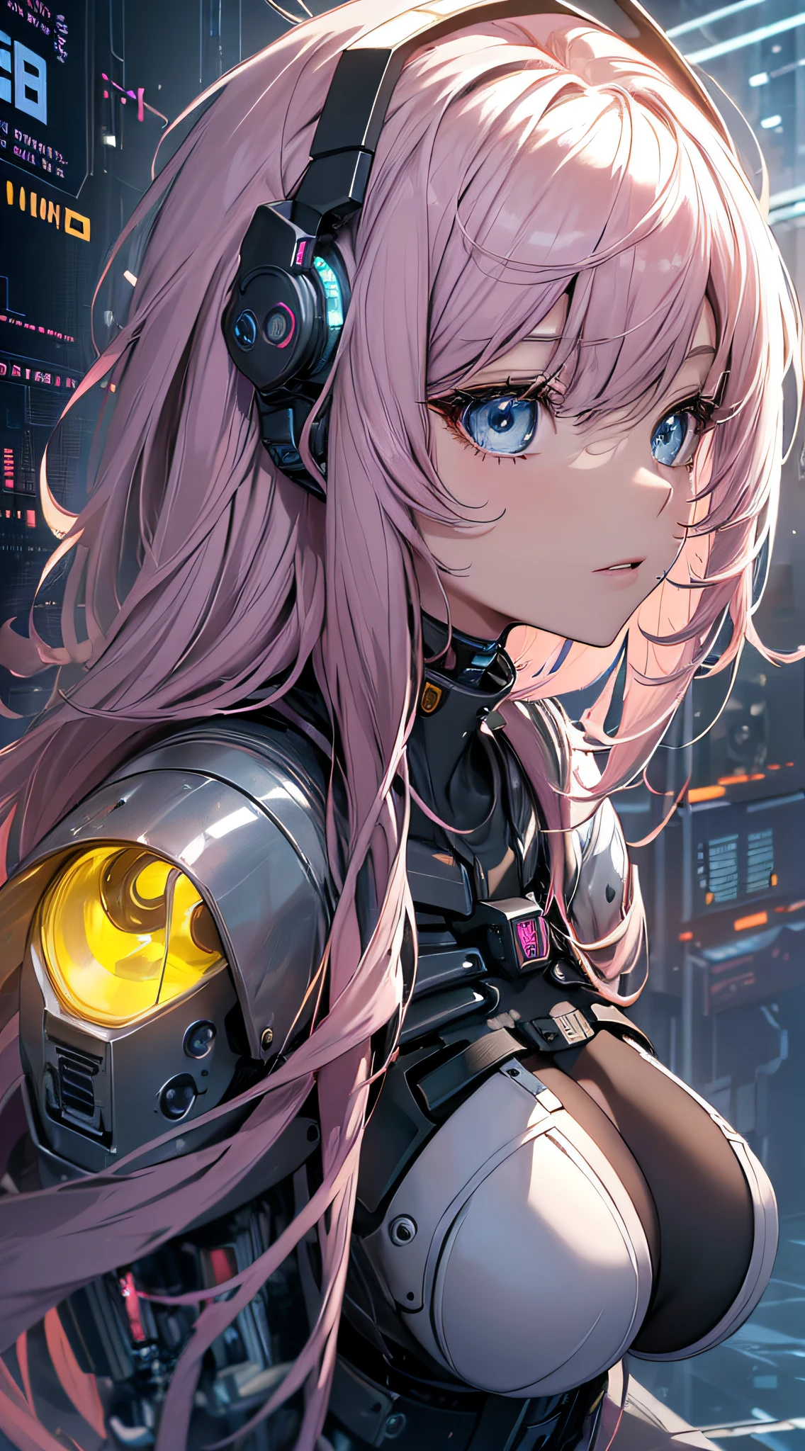 top-quality、Top image quality、masterpiece、girl with((18year old、cyborgs、System Dynamics、Metallic body、Best Bust、Medium bust、Long pink hair、Light blue eyes、Rear power cable、deadpan、cables、Breasts wide open、Looking up))hiquality、Beautiful Art、Background with(Computer mass、Fog on the floor,Human-sized capsule,Cyber House、Yellow lighting)),masutepiece、Elaborate design、visualart、depth of fields、The best lighting、highestdetailed、low angles