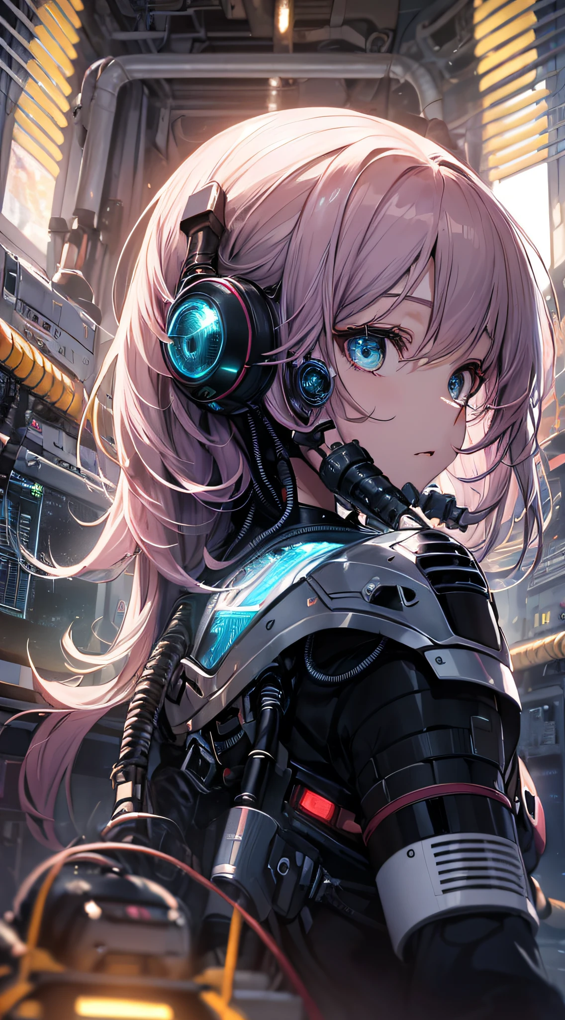 top-quality、Top image quality、masterpiece、girl with((18year old、cyborgs、System Dynamics、Metallic body、Best Bust、Medium bust、Long pink hair、Light blue eyes、Rear power cable、deadpan、cables、Breasts wide open、Looking up))hiquality、Beautiful Art、Background with(Computer mass、Fog on the floor,Human-sized capsule,Cyber House、Yellow lighting)),masutepiece、Elaborate design、visualart、depth of fields、The best lighting、highestdetailed、low angles