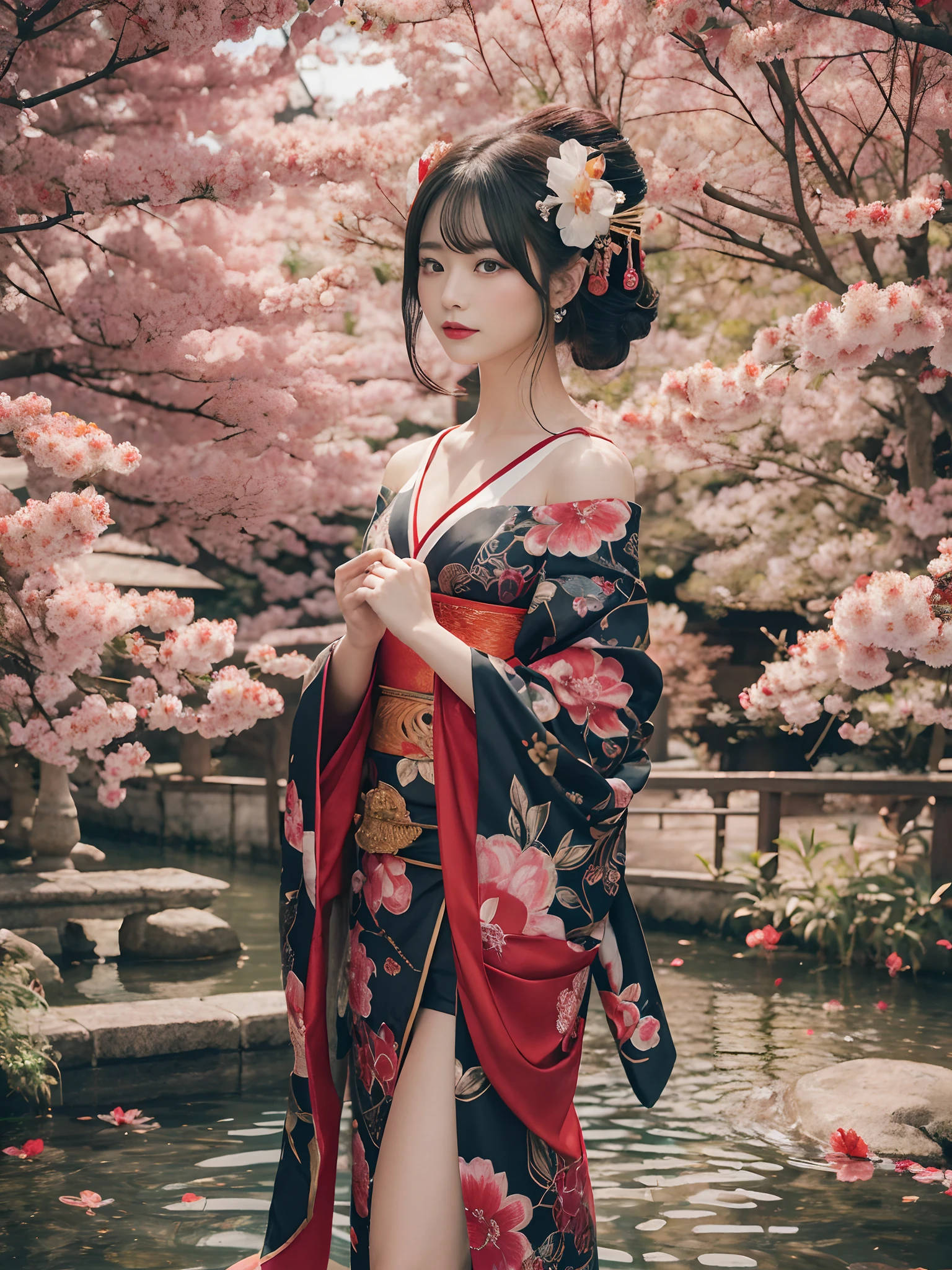 In a futuristic scene, Geisha in Japan with mechanical reinforcement、Elegant in elaborate gardens. She has beautifully detailed eyes and lips that complement her face. Geishas wear traditional kimonos with intricate patterns and designs. Around her are bright cherry trees and a quiet carp pond. The scene is painted with a blend of illustration and photorealism, Ultra-detailed brush strokes and clarity, Vivid colors. Lighting emphasizes the elegant features of the geisha, Gives her porcelain skin a soft glow. Artwork is of the highest quality, 4K or 8K resolution, Showcase the intricate details of geisha attire, cherry trees, And the shimmering scales of carp. The overall color scheme is、It is a combination of traditional shades of Japan, Crimson, etc., blacks, and subtle gold accents, With a futuristic twist. The fusion of ancient traditions and modern technology is、Create captivating and visually striking masterpieces.shoulders are exposed, Chest is visible、You can see the valley、are visible、Shoulders exposed、Chest revealed、(shoulders are exposed), Chest is visible、You can see the valley、are visible、Shoulders exposed、Chest revealed、(Off-shoulder style)