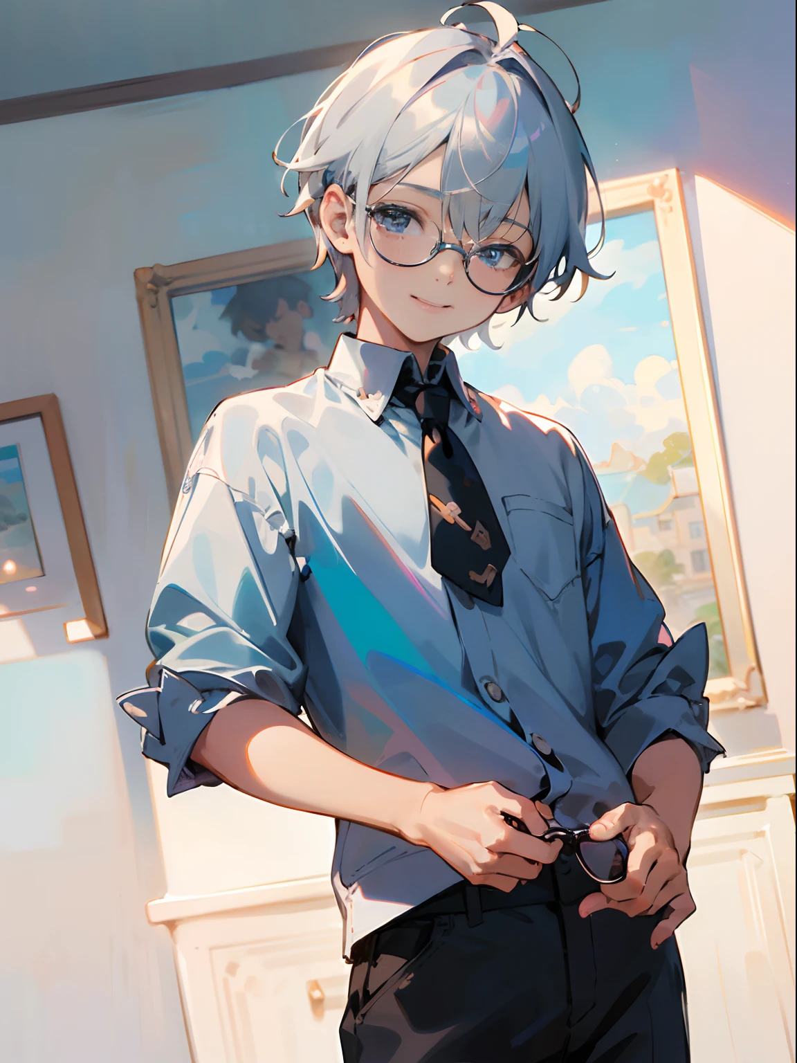 (Male child, eye glasses,A smile, silber hair,cowboy shot),(((masterpiece)))、(((top-quality)))、((ultra-definition))、(High Definition CG Illustration)、((extremely delicate and beautiful)),Iridescent background