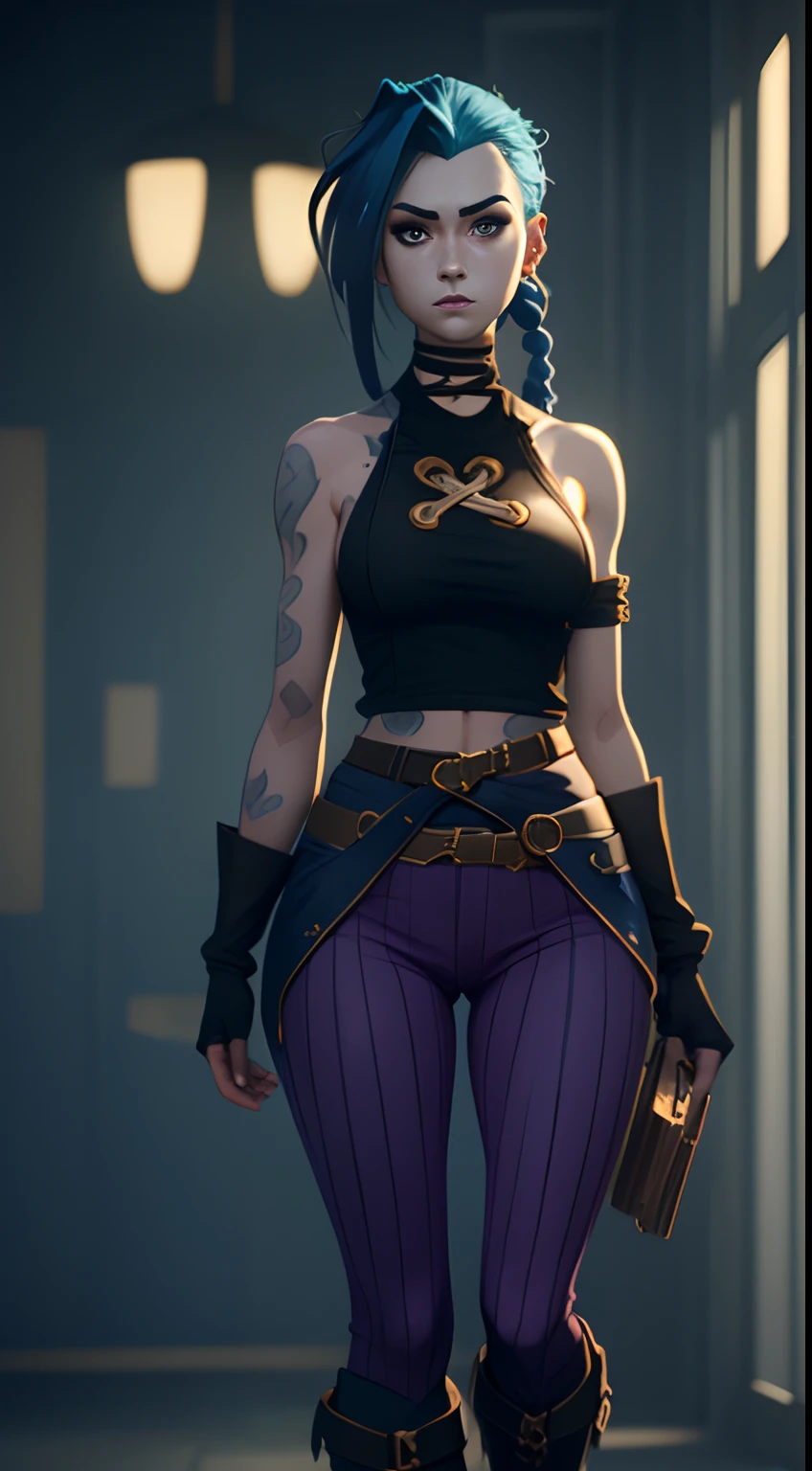 Jinx's character design, sexypose, Beautiful figure, Arcane's Jinx, Holding a sparkling and glowing box in his hands, Bright blue and purple sparks all around, glowing eyes, Pink glowing eyes, hairlong, hairsh, braided into long braids, Pigtails hang below the knee, Hair color changes from bright blue to navy blue, Dressed in brown breeches, Leather boots on the feet, Top with four gold circles on the chest in the middle of the chest, Blue cloud tattoos on shoulders and waist, Long bangs, hanging on the right side, Belt with cartridges on the belt, Arcane style, extremely detailed CG unity 8k wallpaper, detailed light, Cinematic lighting, chromatic aberration, glittering, expressionless, epic composition, dark in the background, Cherecter Desing, Very detailed, Detailed body, Vibrants, Detailed Face, sharp-focus, anime art, Vibrants, Detailed Face, Hugh Details, sharp-focus, Very drooping face, A detailed eye, super fine illustration, better shadow, finely detail, Beautiful detailed glow, Beautiful detailed, Extremely detailed, expressionless, epic composition,