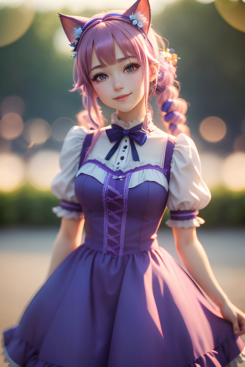 (best quality), 1girl, Female, pale skin, asian, purple hair, pink streaked hair, side ponytail, hime bangs, purple eyes, perfect eyes, makeup, black mascara, heart necklace, halterneck, pleated skirt, striped_legwear, smile, skinny body, small bust, masterpiece, anatomically correct, highres
