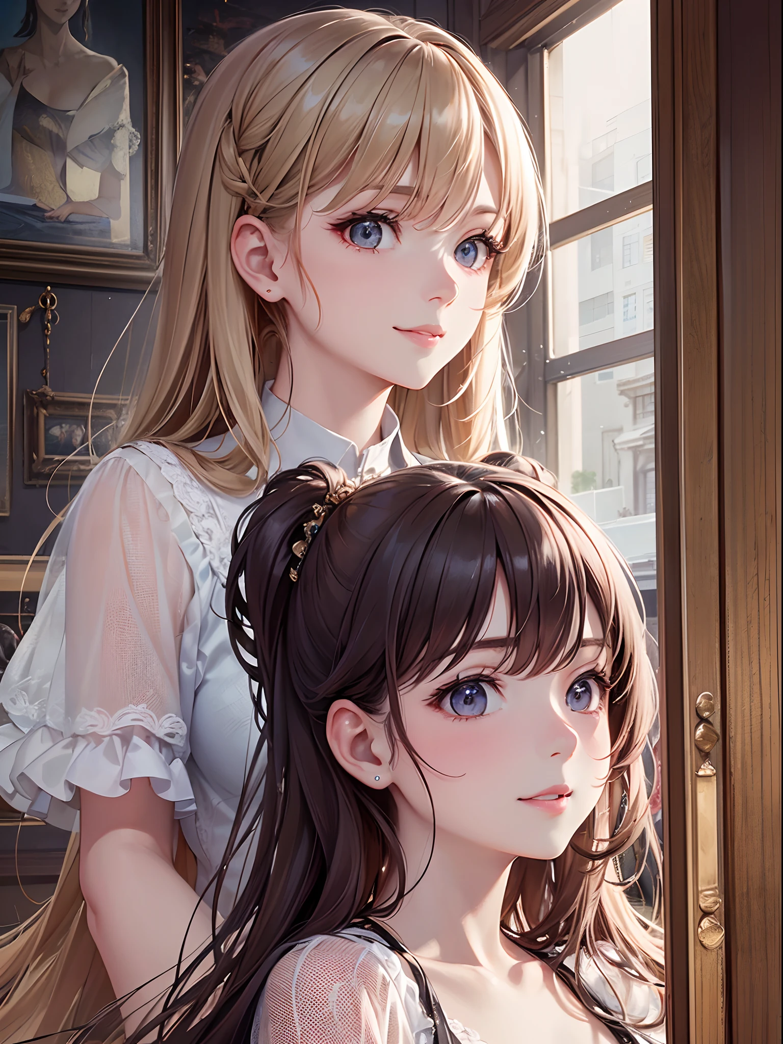 ((Finest quality)),(超A high resolution),(ultra-detailliert),(Meticulous portrayal),((Best CG)),(Finest works of art),Ultra-Precision Art,The art of astounding depiction, Mother and daughter,Paternity,stare at each other:1.5,a smile