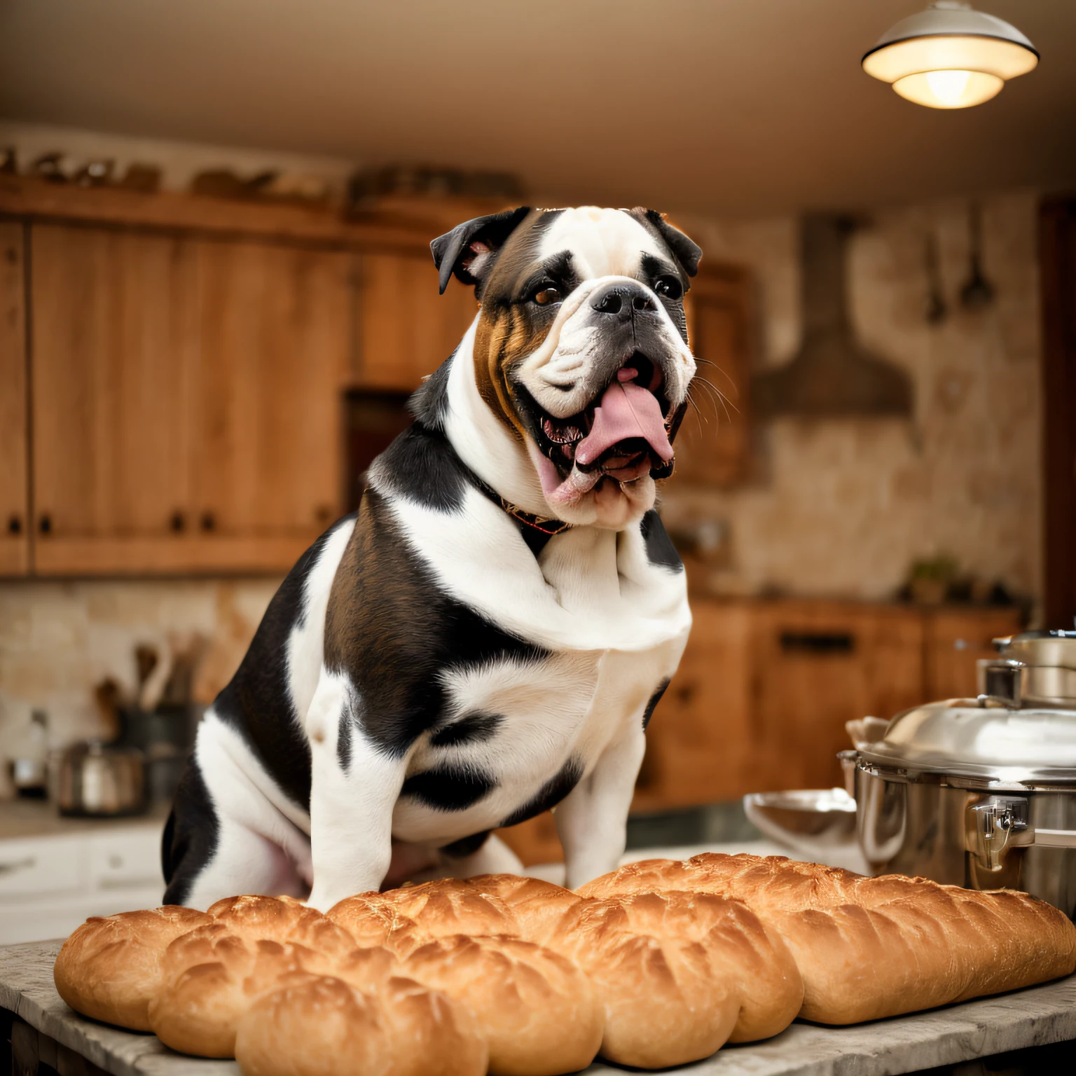 A fantasy cinematic drawing of an english bulldog in a kitchen, making bread while looking at the camera