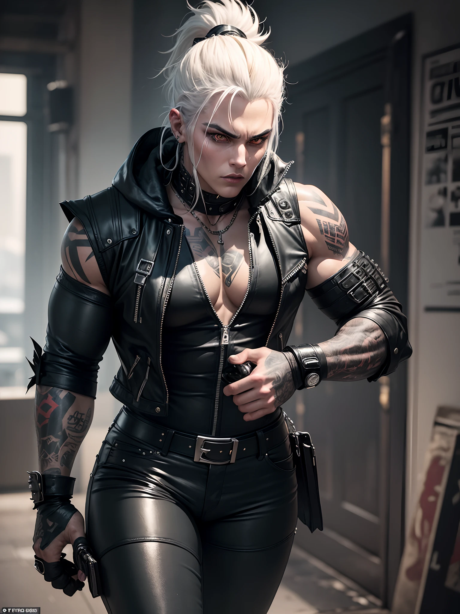 a 25-year-old woman in the style of DC Comics' The Wolf is an intergalactic antihero known for her brutality and sarcastic attitude. He is depicted as an alien humanoid with pale white skin, long black hair, and a super muscular physique in tight black leather pants. Her intense red eyes add a menacing touch to her appearance. Often dressed in an open black leather vest, tight pants, and heavy boots, he sports a punk-rock appearance. With tattoos and scars all over his body emphasizing his hardened nature, while his preferred dagger and firearms highlight his fierce and relentless fighting style, In New York,