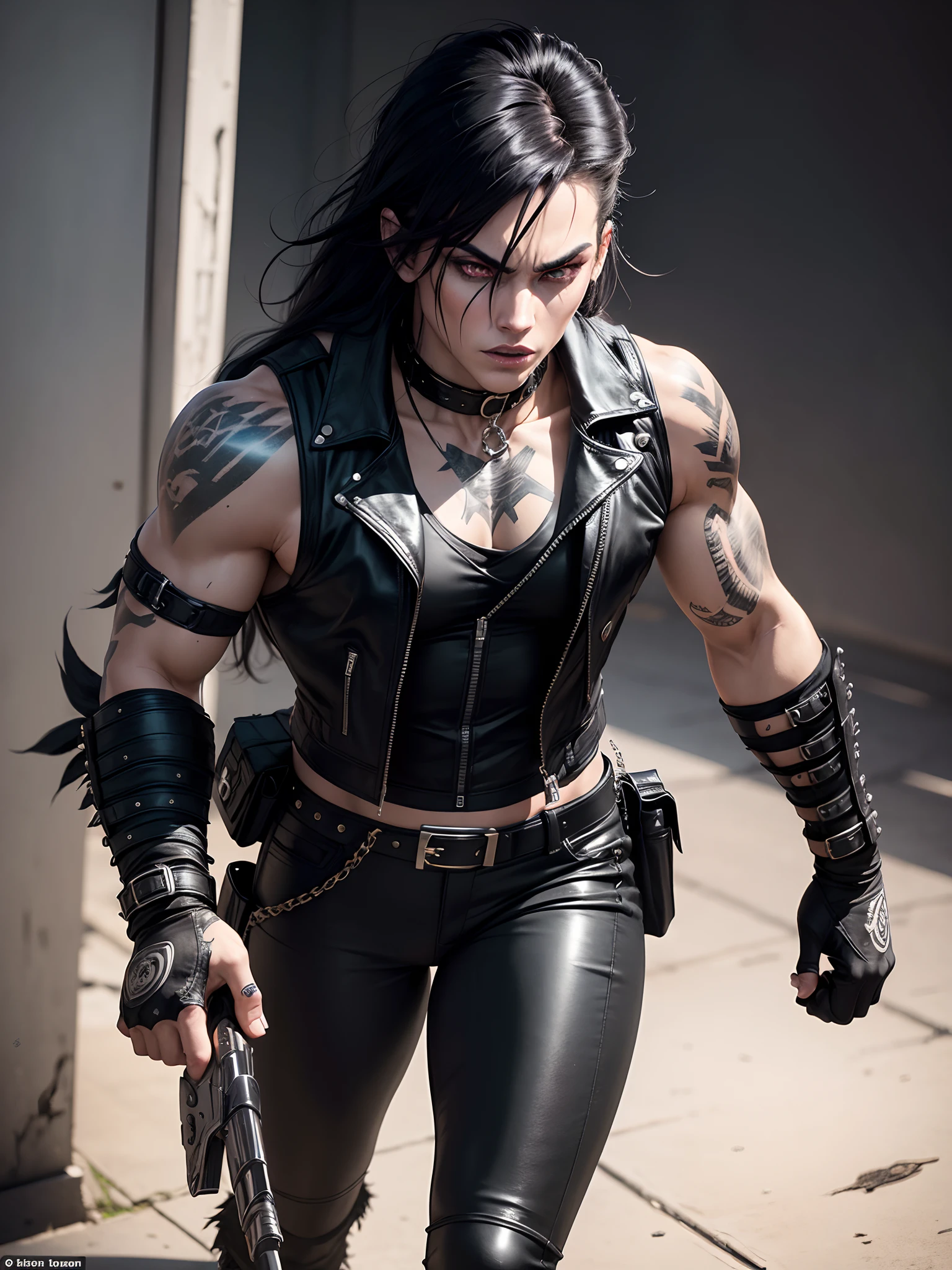 a 25-year-old woman in the style of DC Comics' The Wolf is an intergalactic antihero known for her brutality and sarcastic attitude. He is depicted as an alien humanoid with pale white skin, long black hair, and a super muscular physique in tight black leather pants. Her intense red eyes add a menacing touch to her appearance. Often dressed in an open black leather vest, tight pants, and heavy boots, he sports a punk-rock appearance. With tattoos and scars all over his body emphasizing his hardened nature, while his preferred dagger and firearms highlight his fierce and relentless fighting style, In New York,