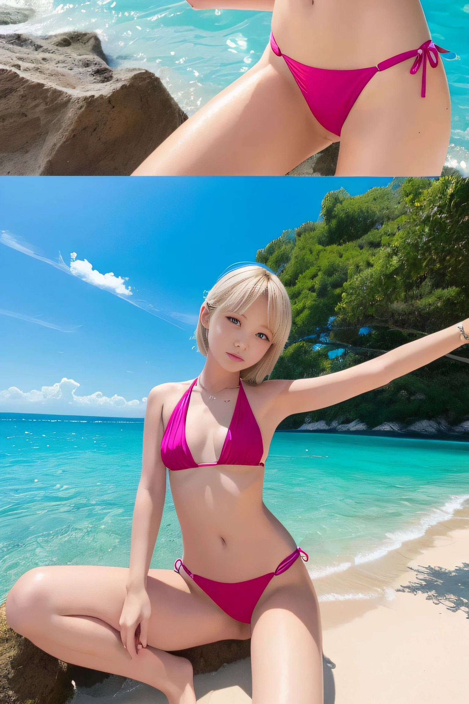 1 girl in, 14years、(masutepiece: 1.1), (Best Quality: 1.1), Colorful bikini, (Beach: 1.1)、From below, a blond, Shorthair,