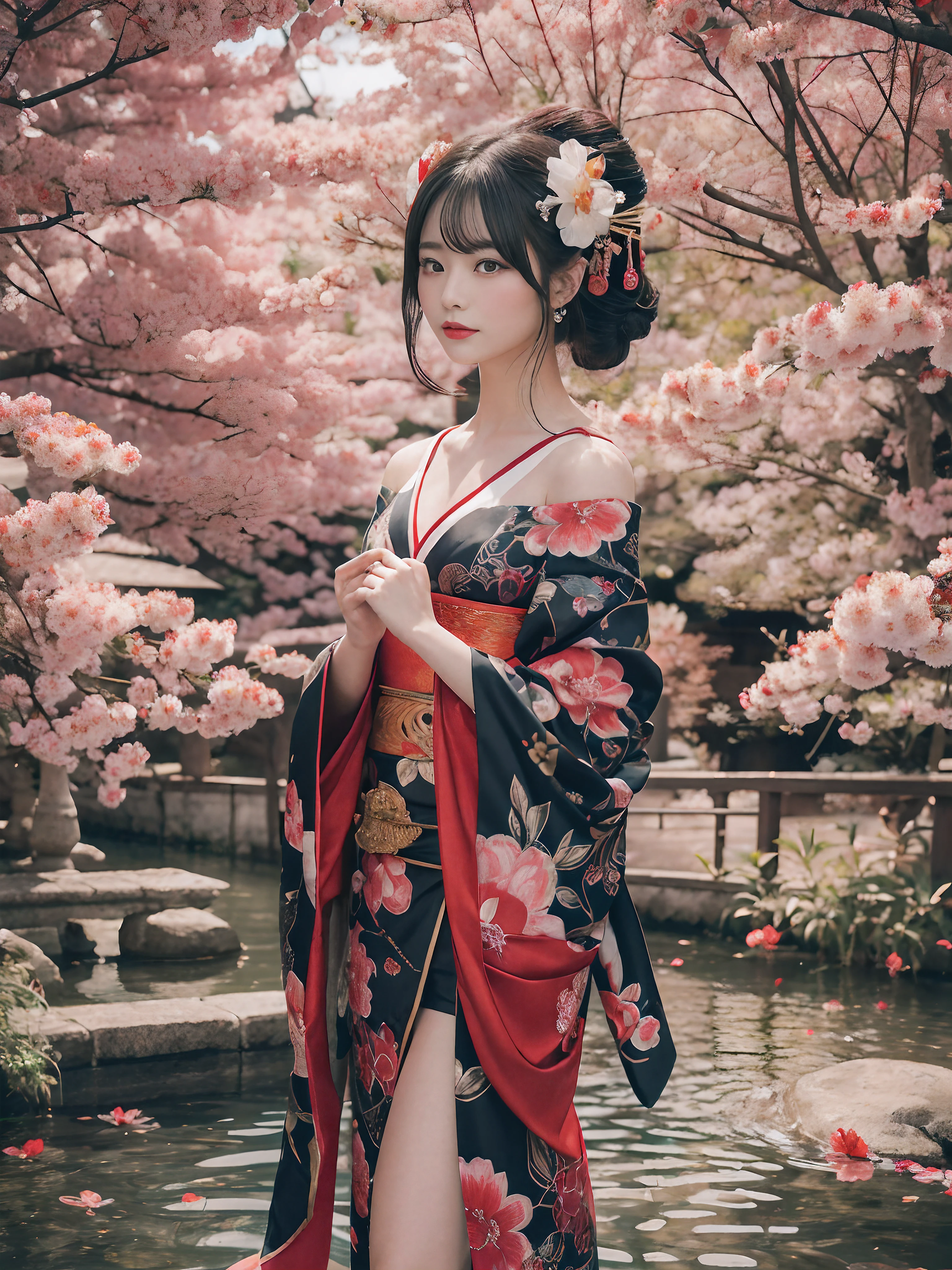 In a futuristic scene, Geisha in Japan with mechanical reinforcement、Elegant in elaborate gardens. She has beautifully detailed eyes and lips that complement her face. Geishas wear traditional kimonos with intricate patterns and designs. Around her are bright cherry trees and a quiet carp pond. The scene is painted with a blend of illustration and photorealism, Ultra-detailed brush strokes and clarity, Vivid colors. Lighting emphasizes the elegant features of the geisha, Gives her porcelain skin a soft glow. Artwork is of the highest quality, 4K or 8K resolution, Showcase the intricate details of geisha attire, cherry trees, And the shimmering scales of carp. The overall color scheme is、It is a combination of traditional shades of Japan, Crimson, etc., blacks, and subtle gold accents, With a futuristic twist. The fusion of ancient traditions and modern technology is、Create captivating and visually striking masterpieces.shoulders are exposed, Chest is visible、You can see the valley、are visible、Shoulders exposed、Chest revealed、（shoulders are exposed）, Chest is visible、You can see the valley、are visible、Shoulders exposed、Chest revealed、(Off-shoulder style)