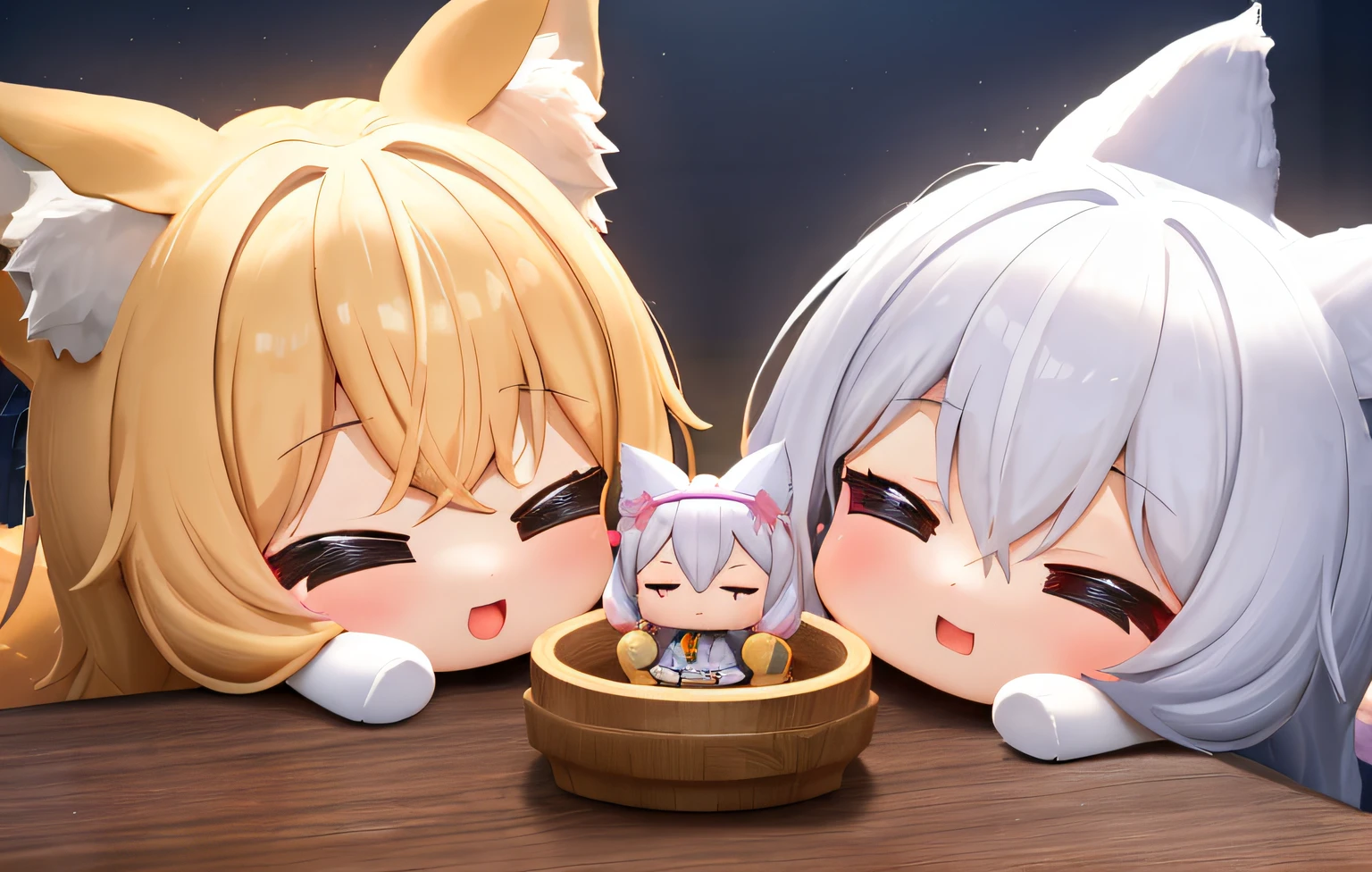 Florist clerk、Pop Mart Blind Box IP、Close up of cute white robe doll、Young One Angel Style、Wear longer, Dress fluently、Lop style、Poseline doll、Little people々々々々々々々々々々々々々々々々々々々々々々々々々々々。unreal enginee 5、Light 3D/C4D production: 8K HD quality/illuminating/Ultra-fine lens description 1.5、flawless、Chibi Background/Cinematic。Tuna bowl、macadamia、(((7Foxes get along well)))
