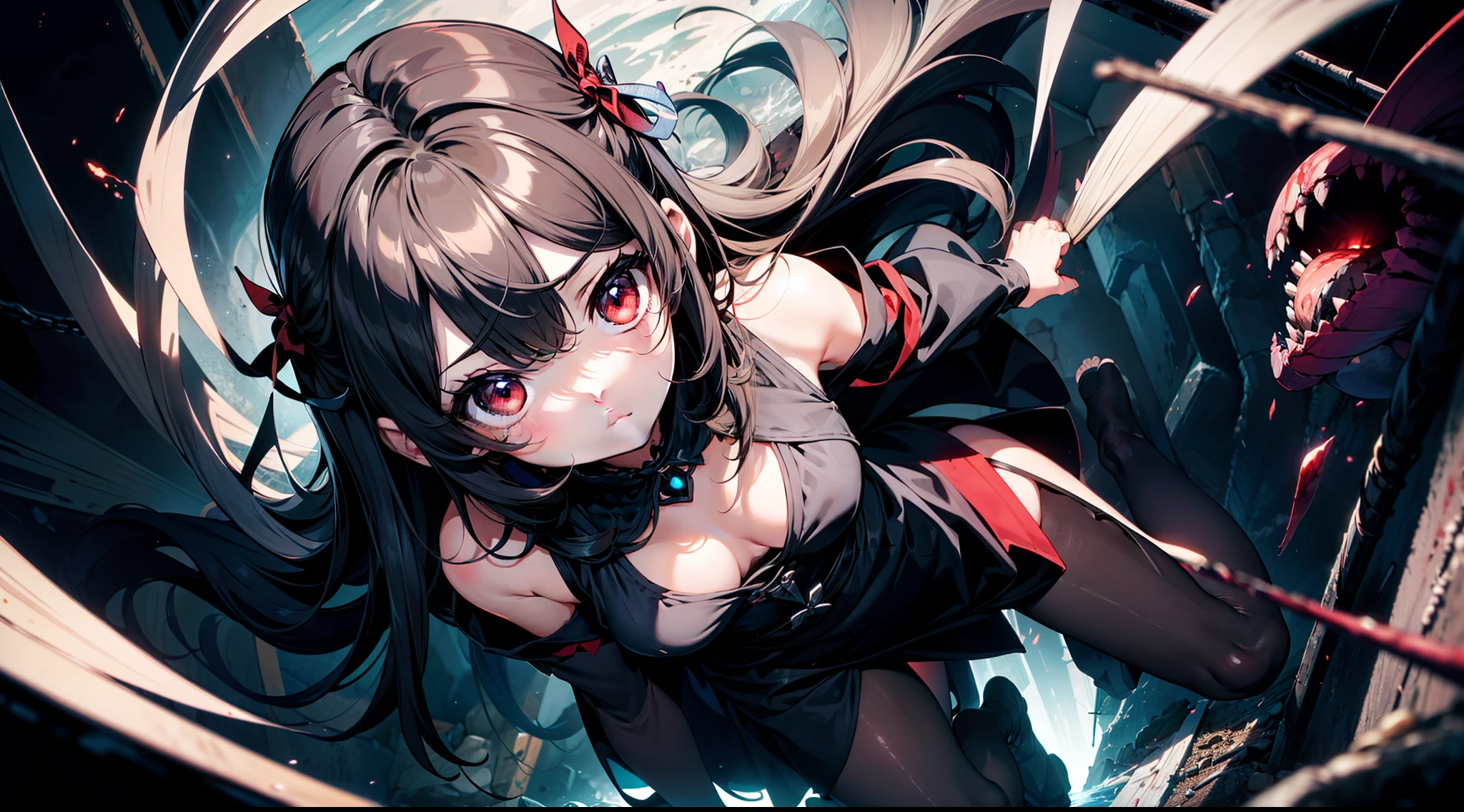 1 girl ,(Faintly emerge from the darkness), from above ,(((Expressionless))) , ((rape eyes)) ,black hair, long hair, ribbon , black dress, red eyes, glowing eyes , blood sea, Weird World , Strange world , Dead bodies piled up ,darkness, horror, fantasy, Cruel , high resolution,(incredibly absurdres), (hires.fix:1.3),anime visual,ultra detailed CG unity 8k wallpaper, ((masterpiece)), ((top-quality)), (beautiful illustration), ((an extremely delicate and beautiful))
