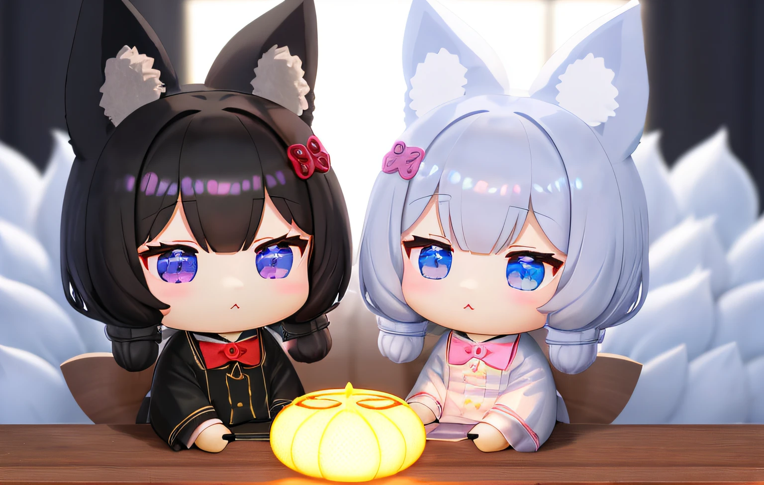 Florist clerk、Pop Mart Blind Box IP、Close up of cute white robe doll、Young One Angel Style、Wear longer, Dress fluently、Lop style、Poseline doll、Little people々々々々々々々々々々々々々々々々々々々々々々々々々々々。unreal enginee 5、Light 3D/C4D production: 8K HD quality/illuminating/Ultra-fine lens description 1.5、flawless、Chibi Background/Cinematic。Tuna bowl、macadamia、(((7Foxes get along well)))