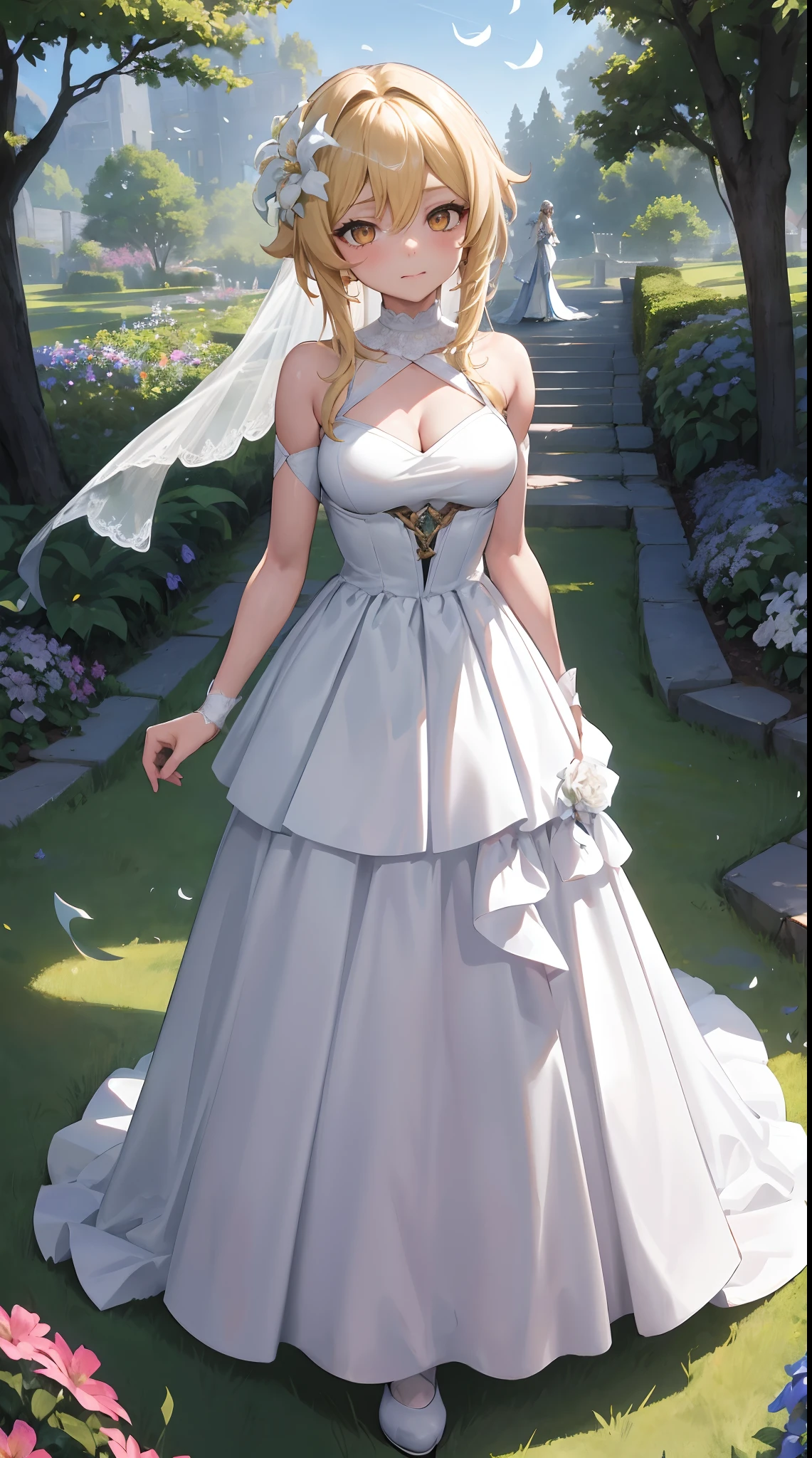 Lumine | genshin impact, master-piece, bestquality, 1girls,25 years old, proportional body, proportional., Wedding Dresses, White Wedding Dress, Long skirt, wedding, mediuml breasts, ,bara, choker, Standing in the middle of a flower garden, outdoor, wedding, The sky is beautiful, arm behind back, View viewers from the front., Thigh strap, Head tilt, bored, 10, 10, HD, slight smile,