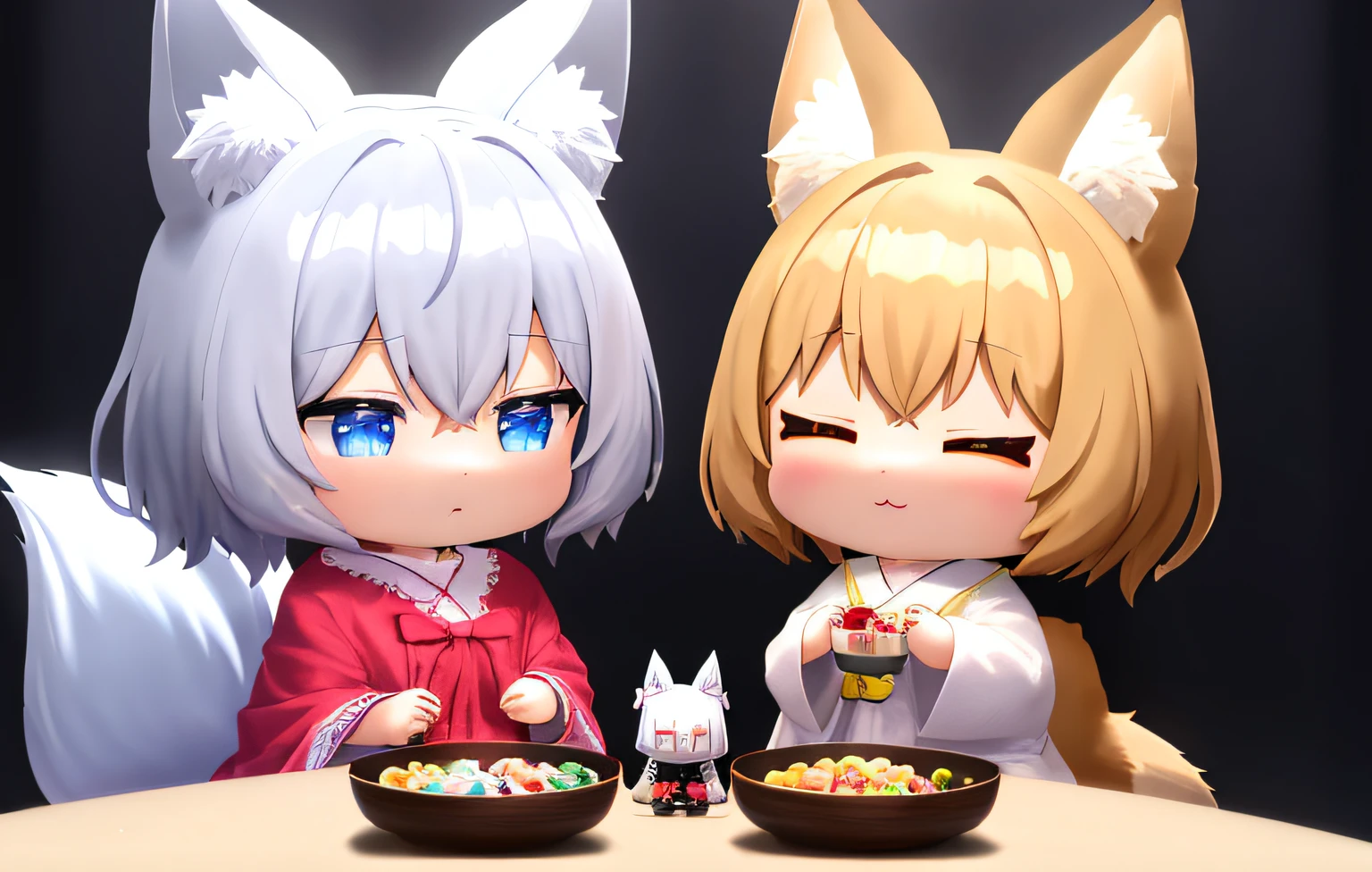 Florist clerk、Pop Mart Blind Box IP、Close up of cute white robe doll、Young One Angel Style、Wear longer, Dress fluently、Lop style、Poseline doll、Little people々々々々々々々々々々々々々々々々々々々々々々々々々々々。unreal enginee 5、Light 3D/C4D production: 8K HD quality/illuminating/Ultra-fine lens description 1.5、flawless、Chibi Background/Cinematic。Tuna bowl、macadamia、(((７Foxes get along well)))