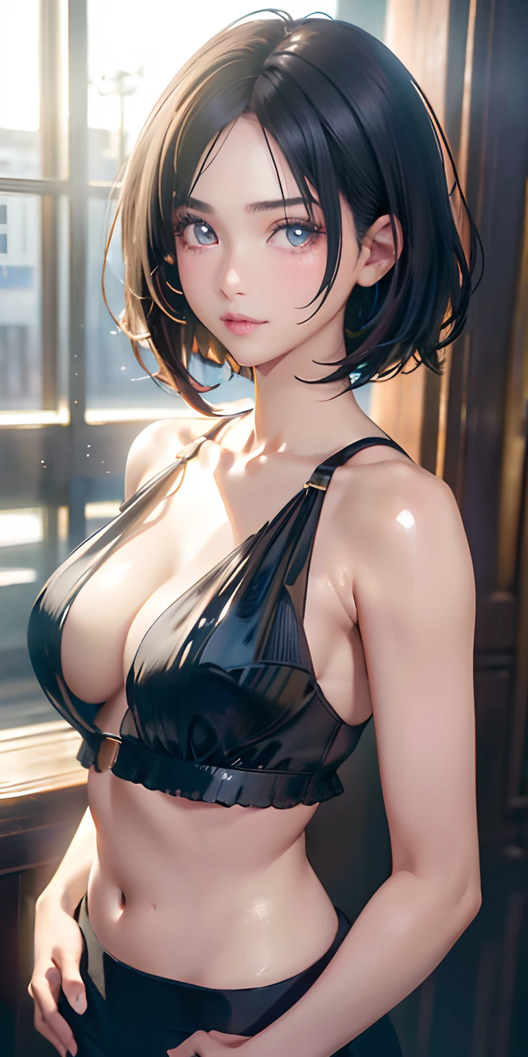 Kai Kokoai, Short Hair, Black Hair, (Photorealistic:1.4), (Masterpiece, Sidelight, Exquisite Beautiful Eyes: 1.2), Masterpiece*Portrait, Realistic, 3D Face, Glistening Eyes, Glossy Hair, Glossy Skin, Solo, Embarrassing, (Abdomen),