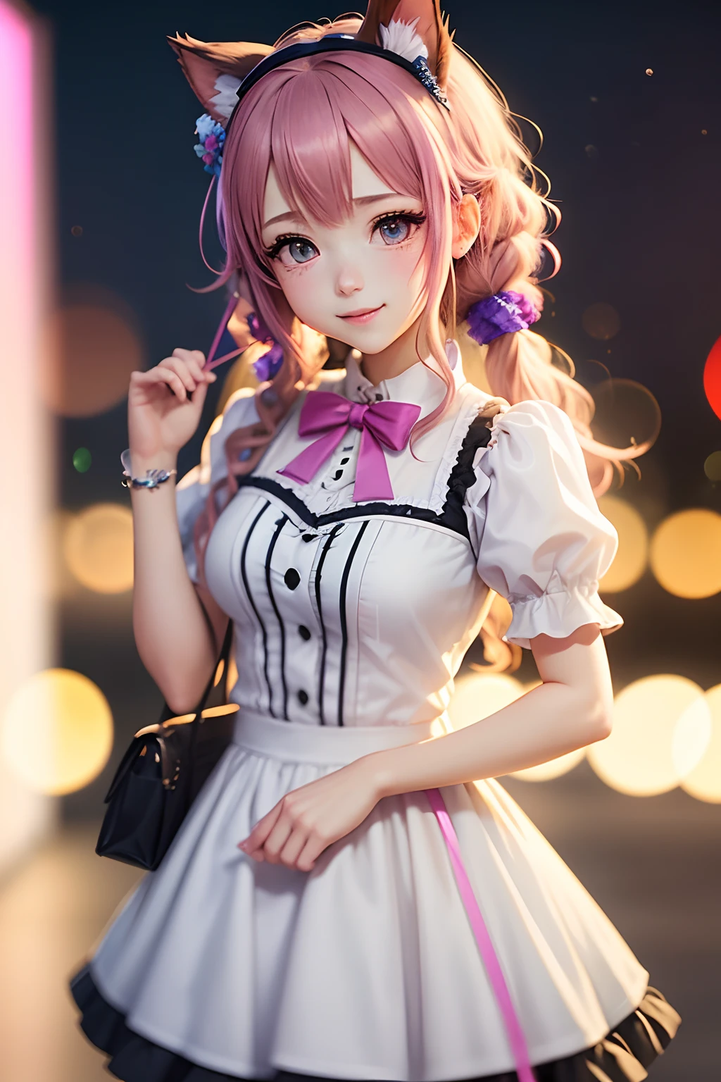 masutepiece, Best Quality, hight resolution,a smile,1girl in, Solo, anastasia (idolmaster),Maid costumes,Mine makeup, Blue eyes, Cat ears,twin-tail hair,Pink gradient hair color, pink dress, Cowboy Shot, The upper part of the body_Body,(worst quality, low quality:1.4),(depth of field, bokeh, blurry:1.4)