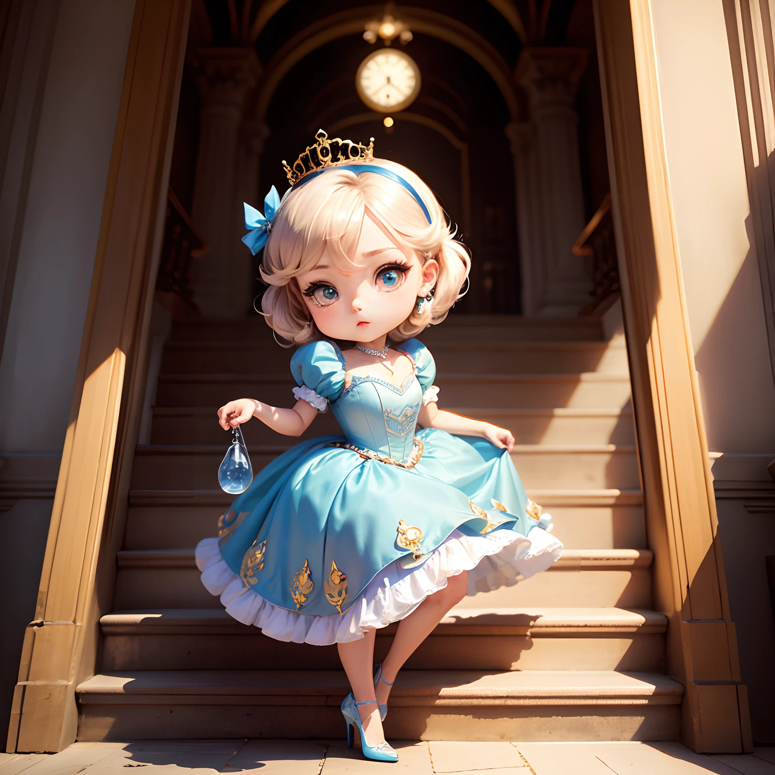 masterpiece、top-quality、ultra-detailliert、(Chibi Cinderella:1.2)、Stairs of the French Royal Palace、12 o'clock clock clock、run、Glass High Heels、
