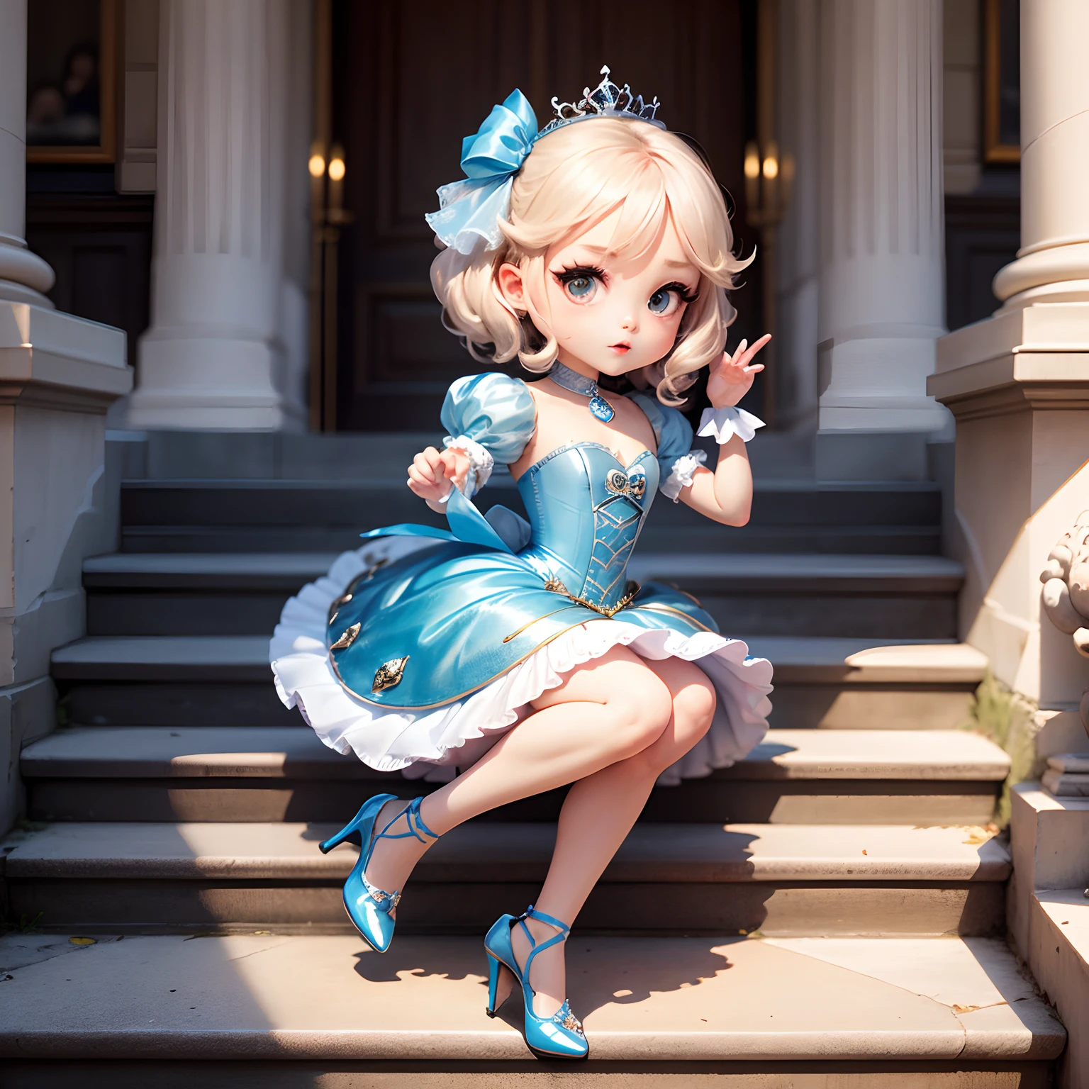 masterpiece、top-quality、ultra-detailliert、(Chibi Cinderella:1.2)、Stairs of the French Royal Palace、12 o'clock clock clock、run、Glass High Heels、