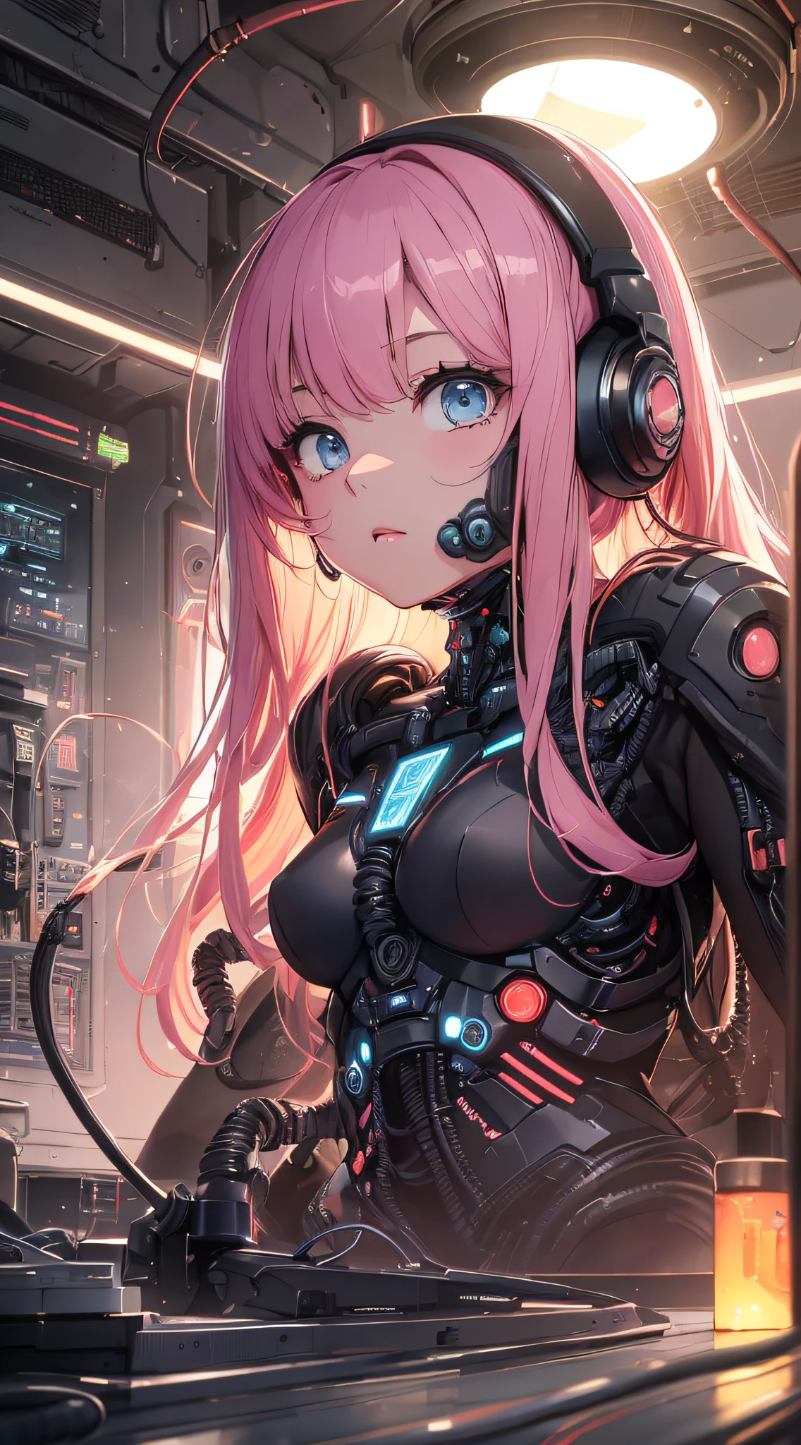 top-quality、Top image quality、masterpiece、girl with((18year old、cyborgs、System Dynamics、Metallic body、Best Bust、Medium bust、Long pink hair、Light blue eyes、Rear power cable、deadpan、cables、Breasts wide open、Looking Up))hiquality、Beautiful Art、Background with(Computer mass、Fog on the floor,Human-sized capsule,Cyber House、Yellow lighting)),masutepiece、Elaborate design、visualart、depth of fields、The best lighting、highestdetailed、low angles