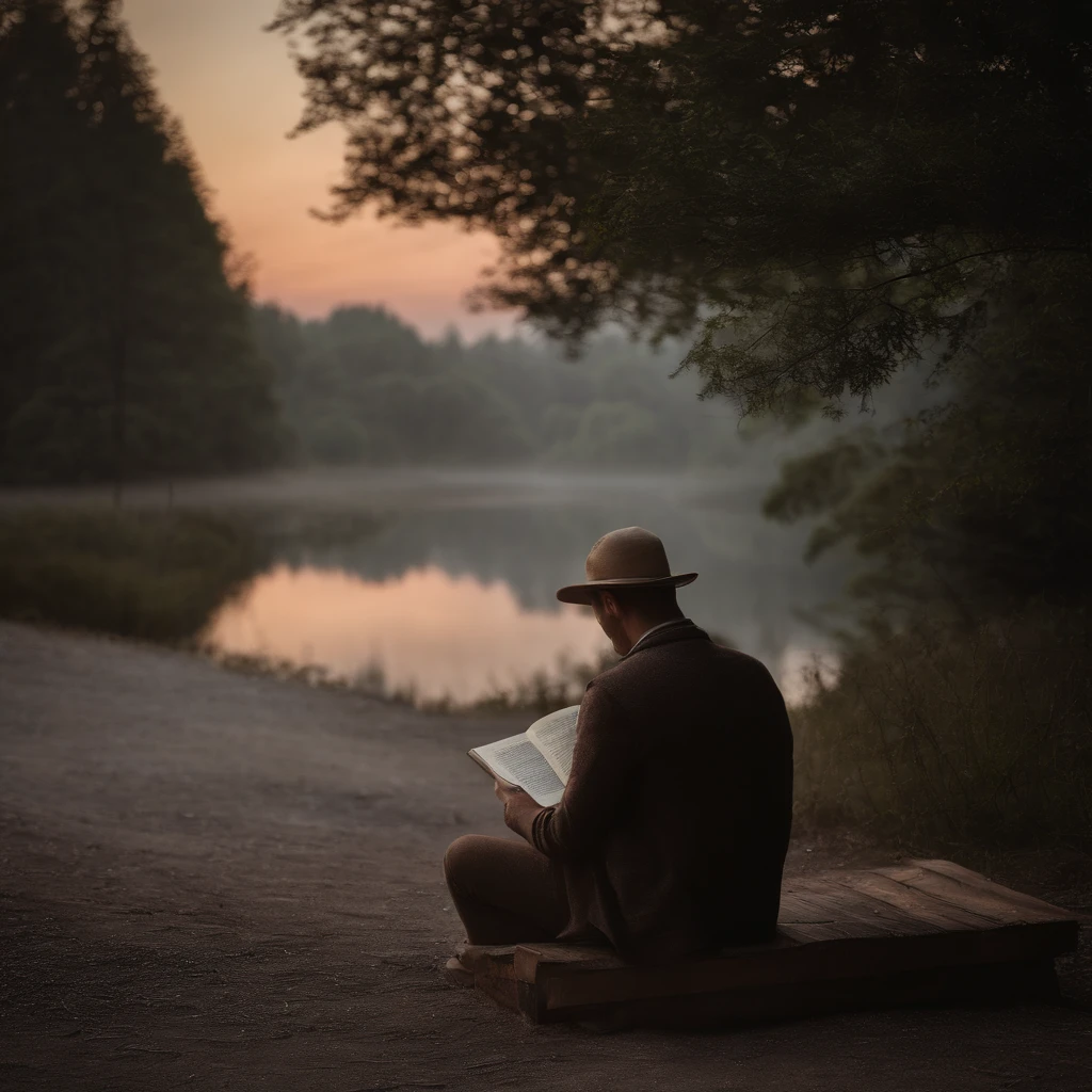 It was dusk and there was 1 person reading a book. The person is unknown