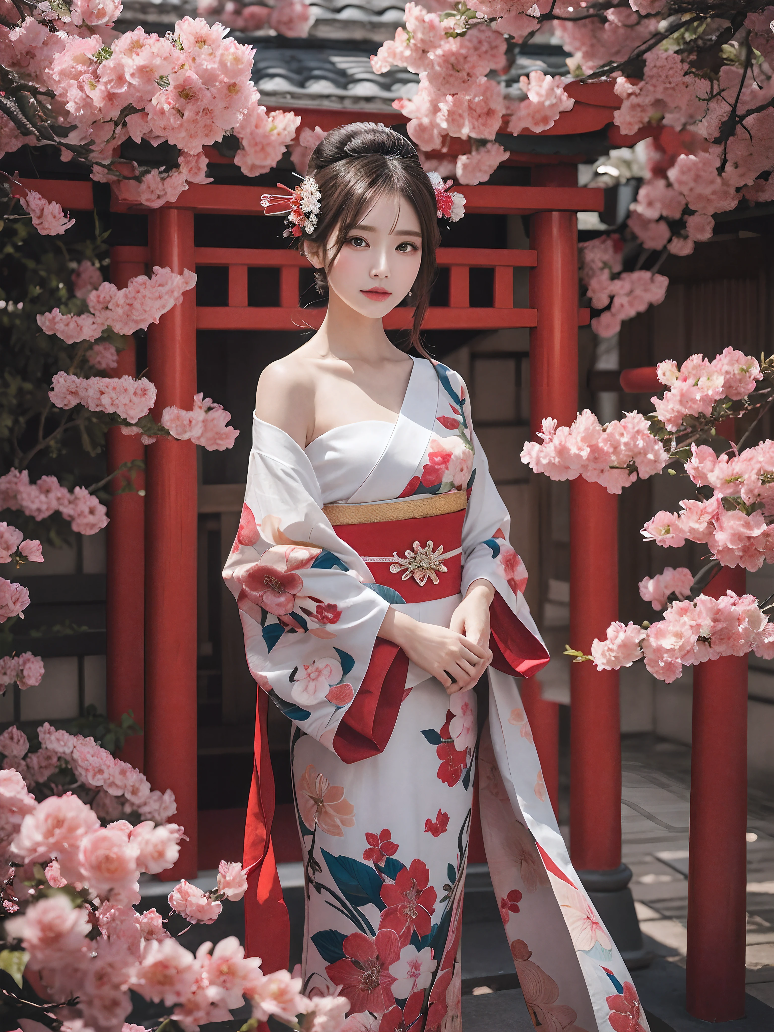 In a futuristic scene, Geisha in Japan with mechanical reinforcement、Elegant in elaborate gardens. She has beautifully detailed eyes and lips that complement her face. Geishas wear traditional kimonos with intricate patterns and designs. Around her are bright cherry trees and a quiet carp pond. The scene is painted with a blend of illustration and photorealism, Ultra-detailed brush strokes and clarity, Vivid colors. Lighting emphasizes the elegant features of the geisha, Gives her porcelain skin a soft glow. Artwork is of the highest quality, 4K or 8K resolution, Showcase the intricate details of geisha attire, cherry trees, And the shimmering scales of carp. The overall color scheme is、It is a combination of traditional shades of Japan, Crimson, etc., blacks, and subtle gold accents, With a futuristic twist. The fusion of ancient traditions and modern technology is、Create captivating and visually striking masterpieces.shoulders are exposed, Chest is visible、You can see the valley、are visible、Shoulders exposed、Chest revealed