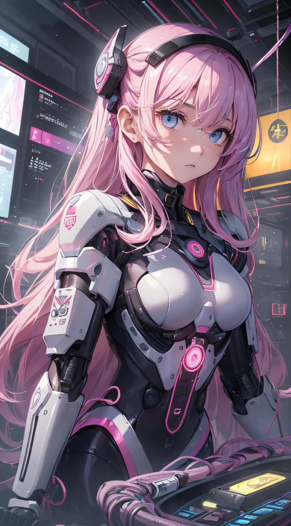 (original) , (very detailed wallpaper) , very detailed illustrations, (1 Girl) , beautiful eyes, (delicate face) , perfect detail,(long hair:1.3),(sitting:1.4), (twintails:1.2), red eyes, pink hair, smile ,pink lips, bright blue eyes, closed mouth, 
((mechanical parts)), mechanical spine, mechanization, future, wide hips, laboratory, ((mecha)), stylish energy \(module\), repairing, (giantess1.4), The surrounding scene looks small，The main character gets bigger,( and the surrounding scenes get smaller to make the main character bigger1.)，（The scene gets smaller1.2）, outdoors, cyberpunk, city lights, night sky, neon lamp, Light Enhancement ,orange theme
 (best lighting) , (super complex detail) , 4K Unity, (super detailed CG: 1.2) , (8K: 1.2) ,
,  (bondage,:1.4) ,