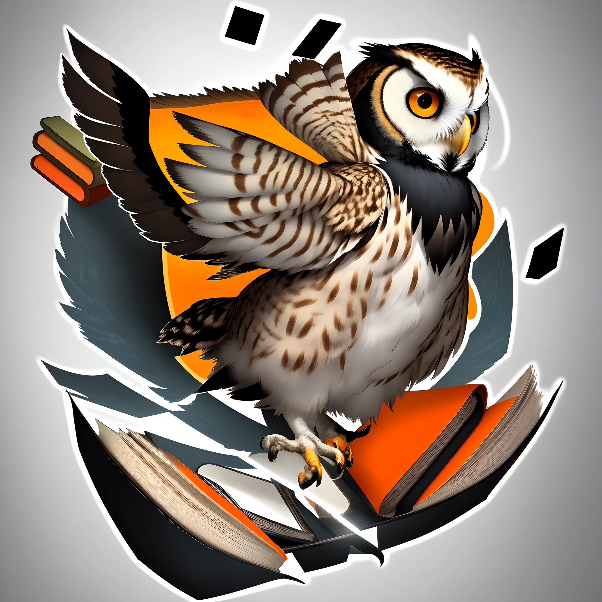 Logo, minimalism, outlines, Outline of an owl, The Owl Is Flying, the background is black, Outline of white next to owl, Falling Book, Outline of the book orange,
