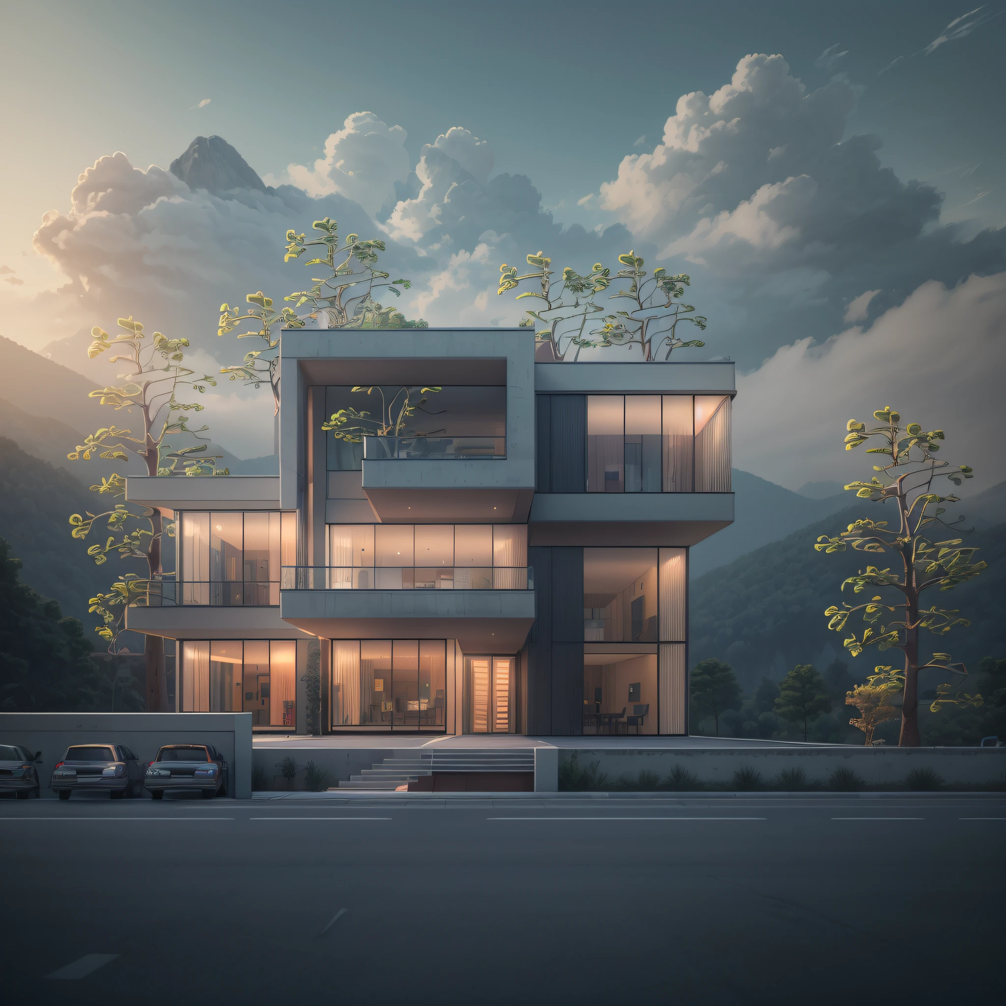 photo realistic, hd high res ultra high quality FRONT view plan modern villa, Grey CONCRETE FACADE,large glass windows, wooden door,trees,grass,plantation,plants,mountains forest on the back side of the building, perfect composition, beautiful detailed intricate insanely detailed octane render trending on attestation, 8 k artistic photography, photo realistic concept art, soft natural volumetric cinematic perfect light, chiaroscuro, award - winning photograph, masterpiece, 2d rendering, front view plan, realistic,hyper realistic, intricate details,hd details,128k,(sharp lines)(use vivid multi dark colors)(2d rendering)(add forest mountains back side of the building)