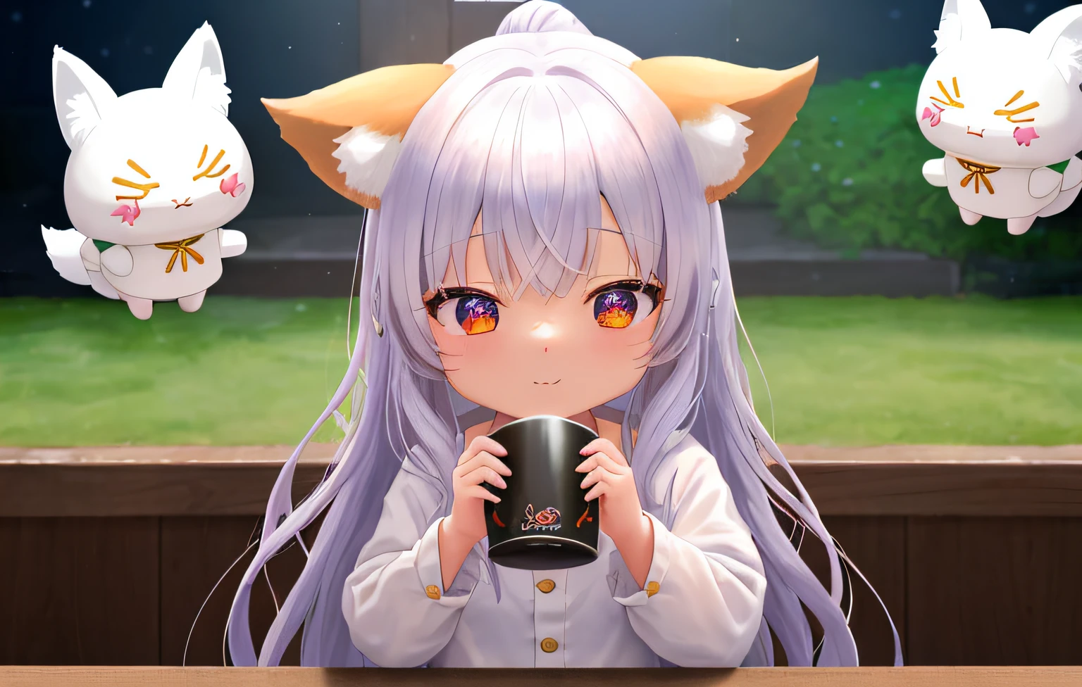 Handstand、Florist clerk、Pop Mart Blind Box IP、Close up of cute white robe doll、Young One Angel Style、Wear longer, Dress fluently、Lop style、Poseline doll、Little people々々々々々々々々々々々々々々々々々々々々々々々々々々々々。unreal enginee 5、Light 3D/C4D production: 8K HD quality/illuminating/Ultra-fine lens description 1.5、flawless、Chibi Background/Cinematic。Tuna bowl、macadamia、(((7Foxes get along well)))