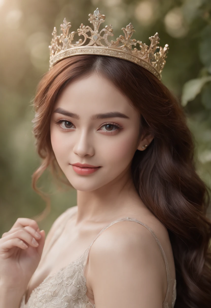 (8k, RAW photo, best quality, masterpiece:1.2), (realistic, photo-realistic:1.37), ultra-detailed, ultra high res, twtzuyu, 1 girl,looking at viewer,smile, ((wear crown on head)), queen, beautiful detailed eyes, (floating hair), detailed clothes, skin texture, cinematic lighting, professional lighting,
