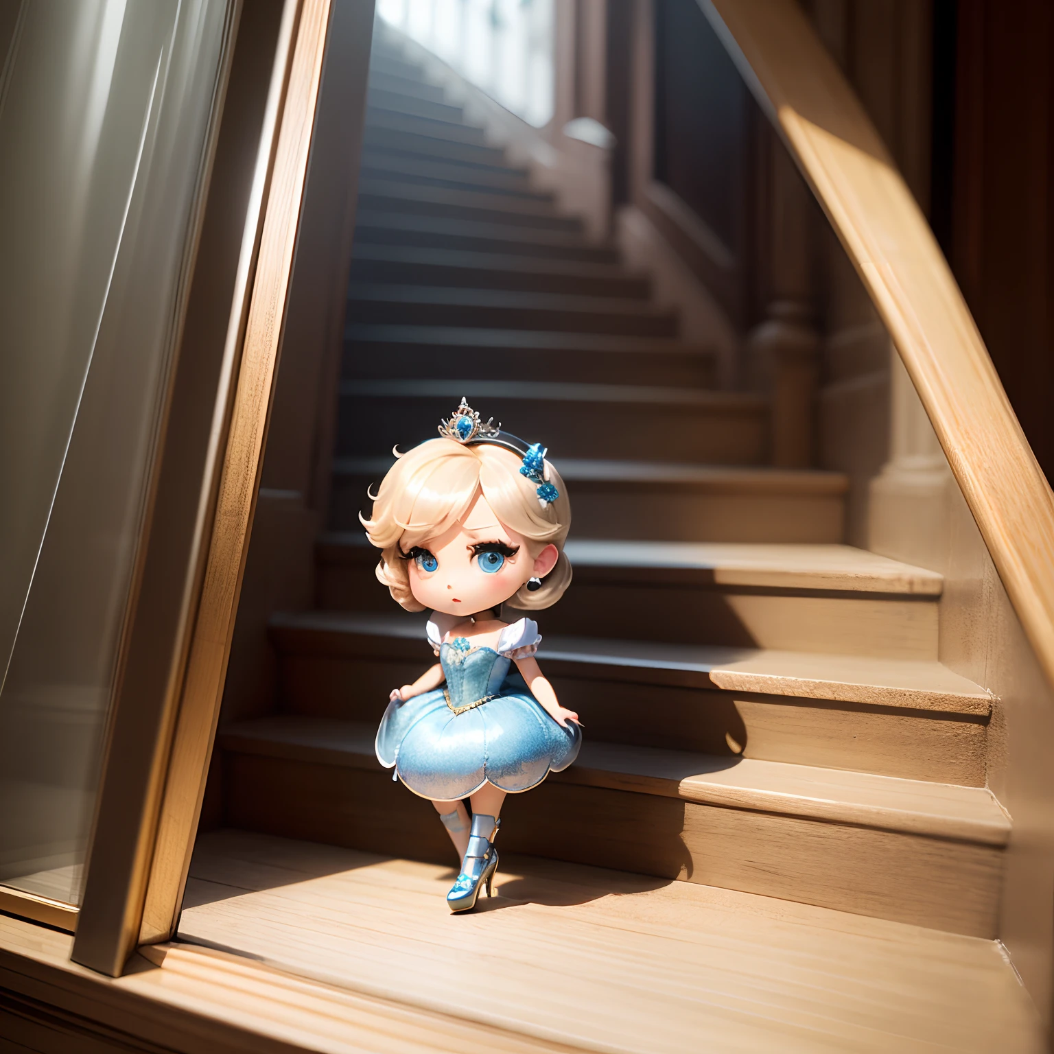 masterpiece、top-quality、ultra-detailliert、(Chibi Cinderella:1.2)、Stairs of the French Royal Palace、12 o'clock clock、run、(Glass High Heels:1.3)