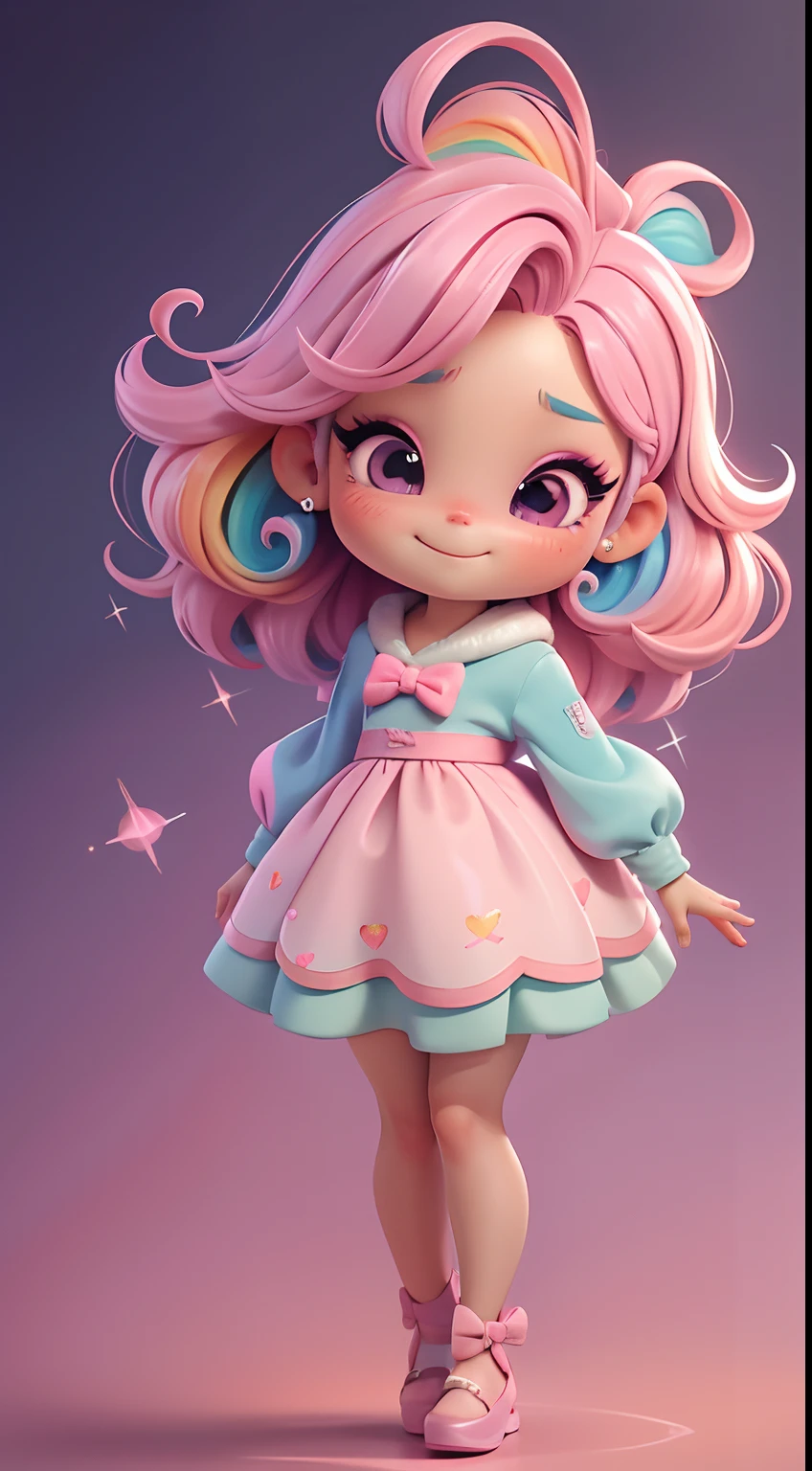 Uma chibi, vestido rosa, cabelos grandes, Rainbow hair colors, sapatilhas, pink hair bow, Glitter, sorrir,